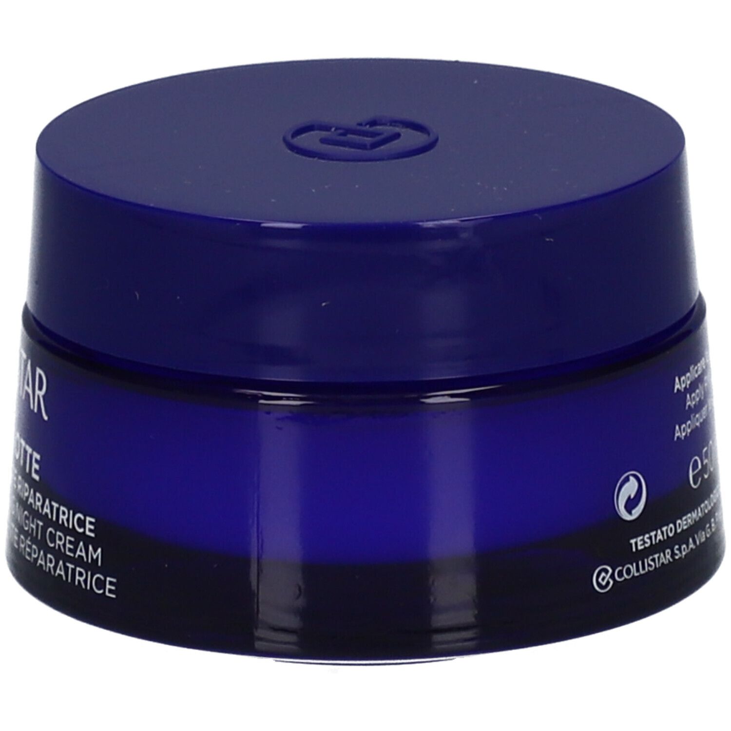Vaso di crema blu scuro. Scritta: COLLISTAR. Testo: CREMA RIVITALIZZANTE RIPARATRICE. 50 ml.