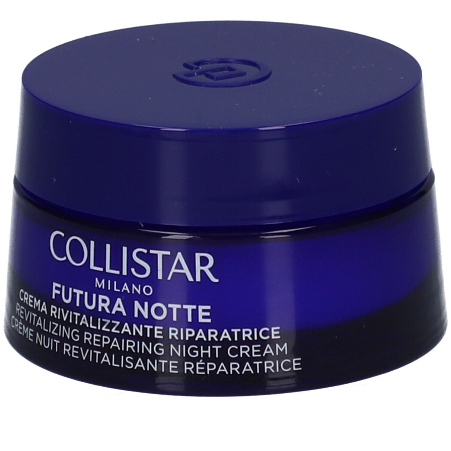 Vaso di crema blu scuro. Scritta: COLLISTAR MILANO FUTURA NOTTE. Crema notte rivitalizzante.