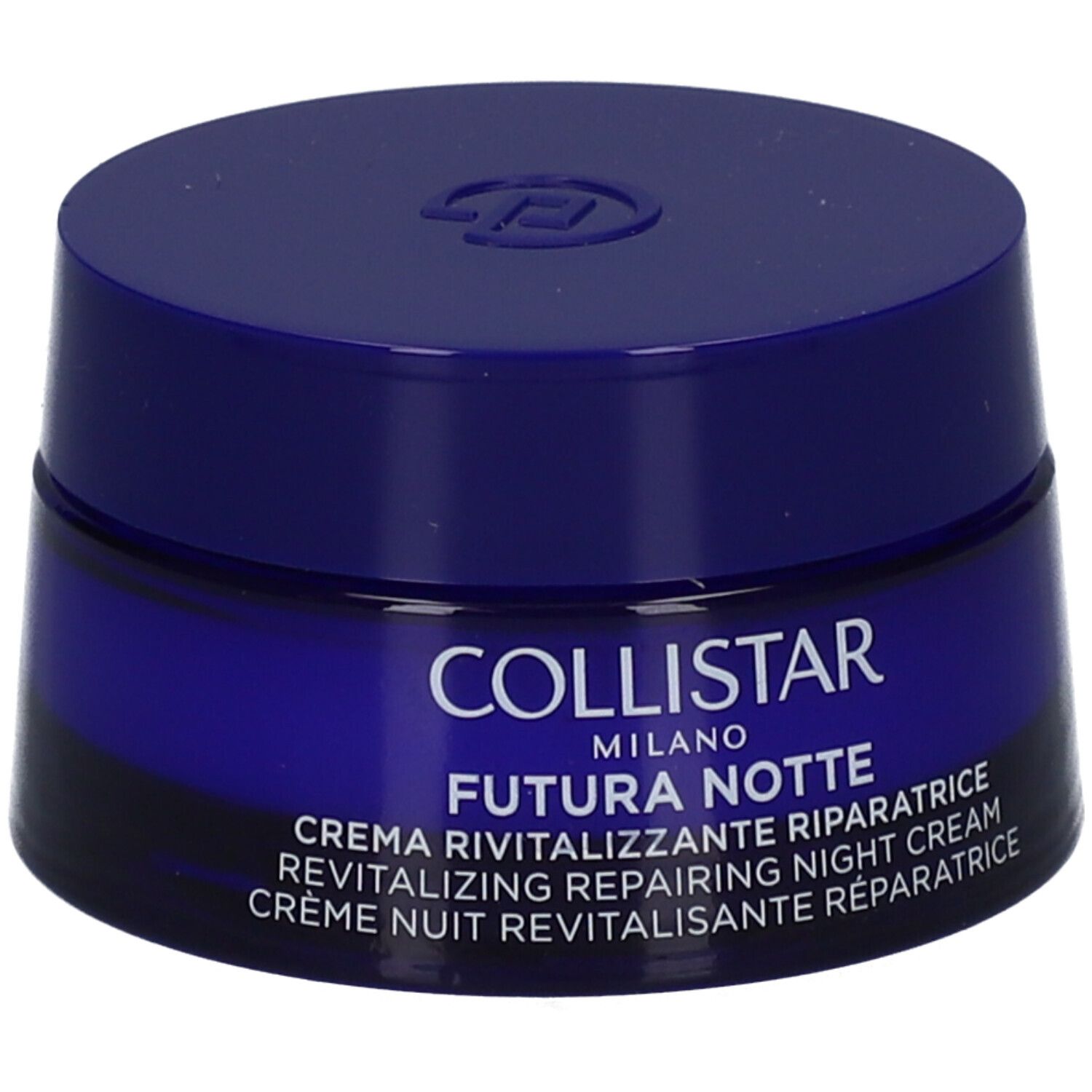 Vaso di crema blu scuro. Scritta: COLLISTAR MILANO FUTURA NOTTE. Crema notte rivitalizzante.