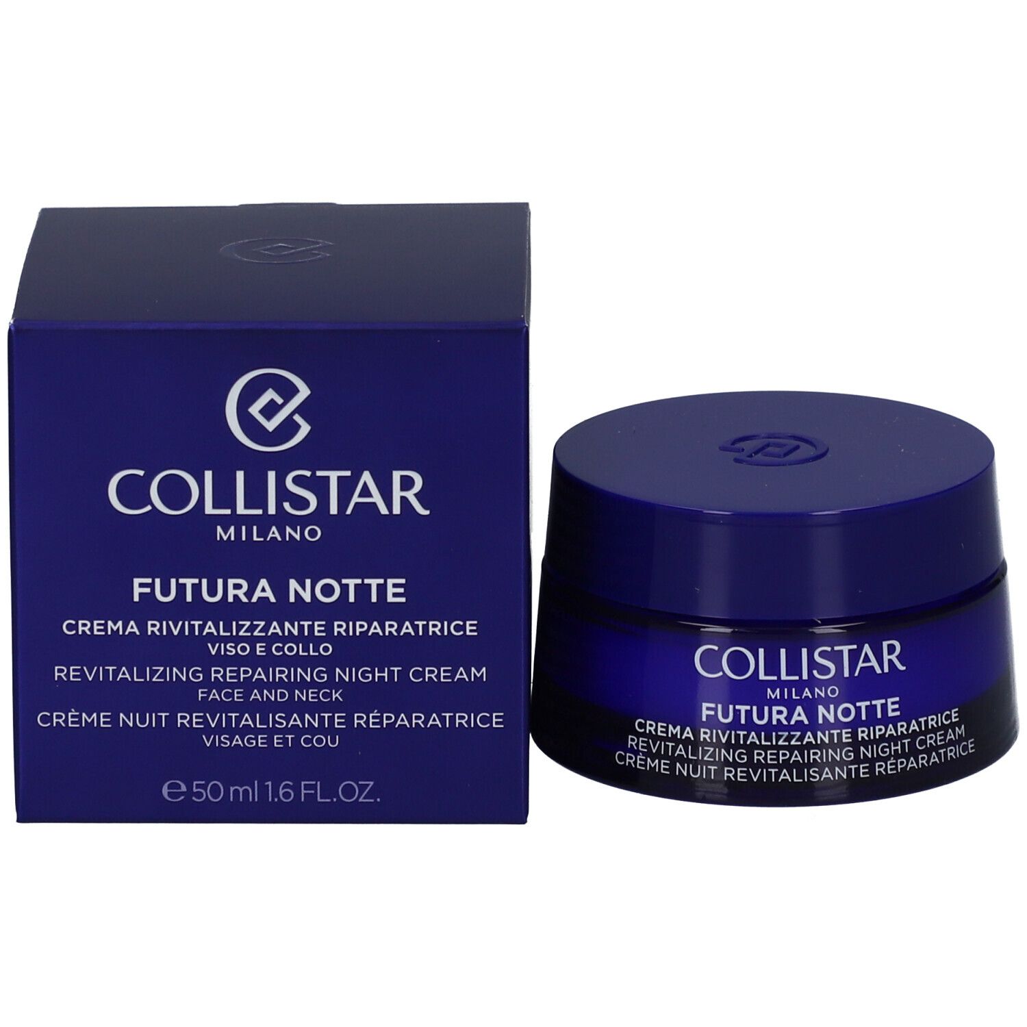 Scatola e vaso di crema blu scuro. Scritta: COLLISTAR FUTURA NOTTE. 50 ml. Crema notte rivitalizzante.
