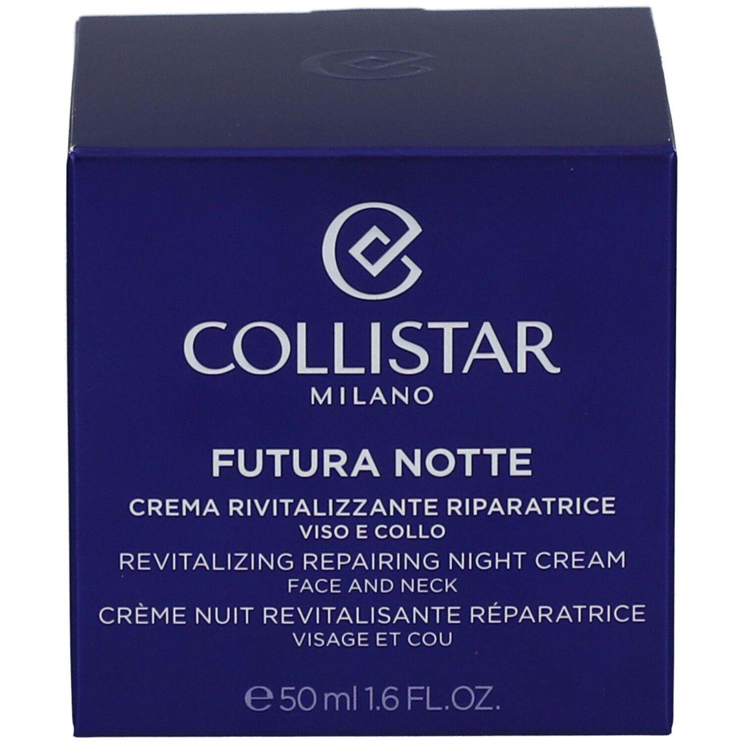 Scatola blu scuro. Scritta: COLLISTAR MILANO FUTURA NOTTE. 50 ml. Crema notte rivitalizzante.