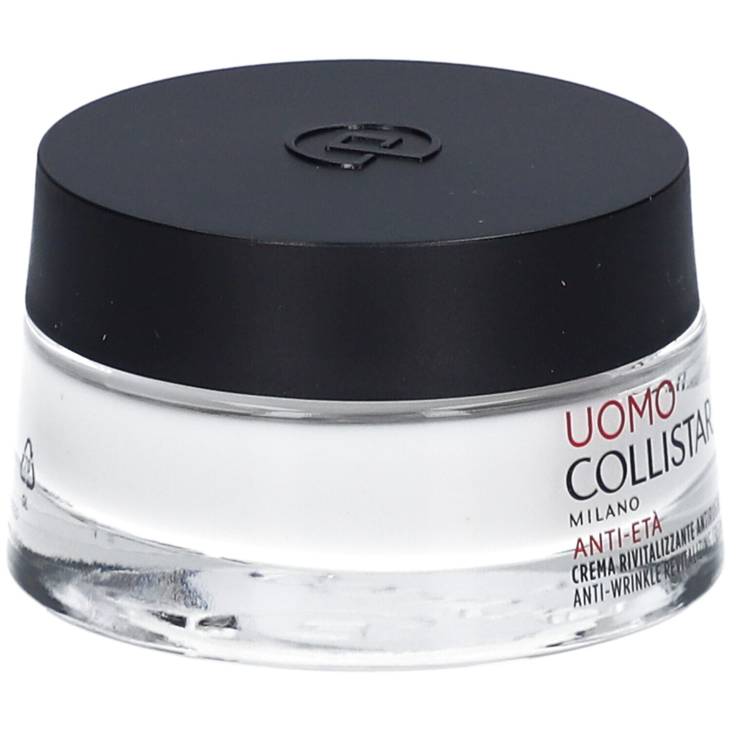 Vasetto di crema con coperchio nero. Scritta: Uomo Collistar Milano, Anti-Eta, crema antirughe.