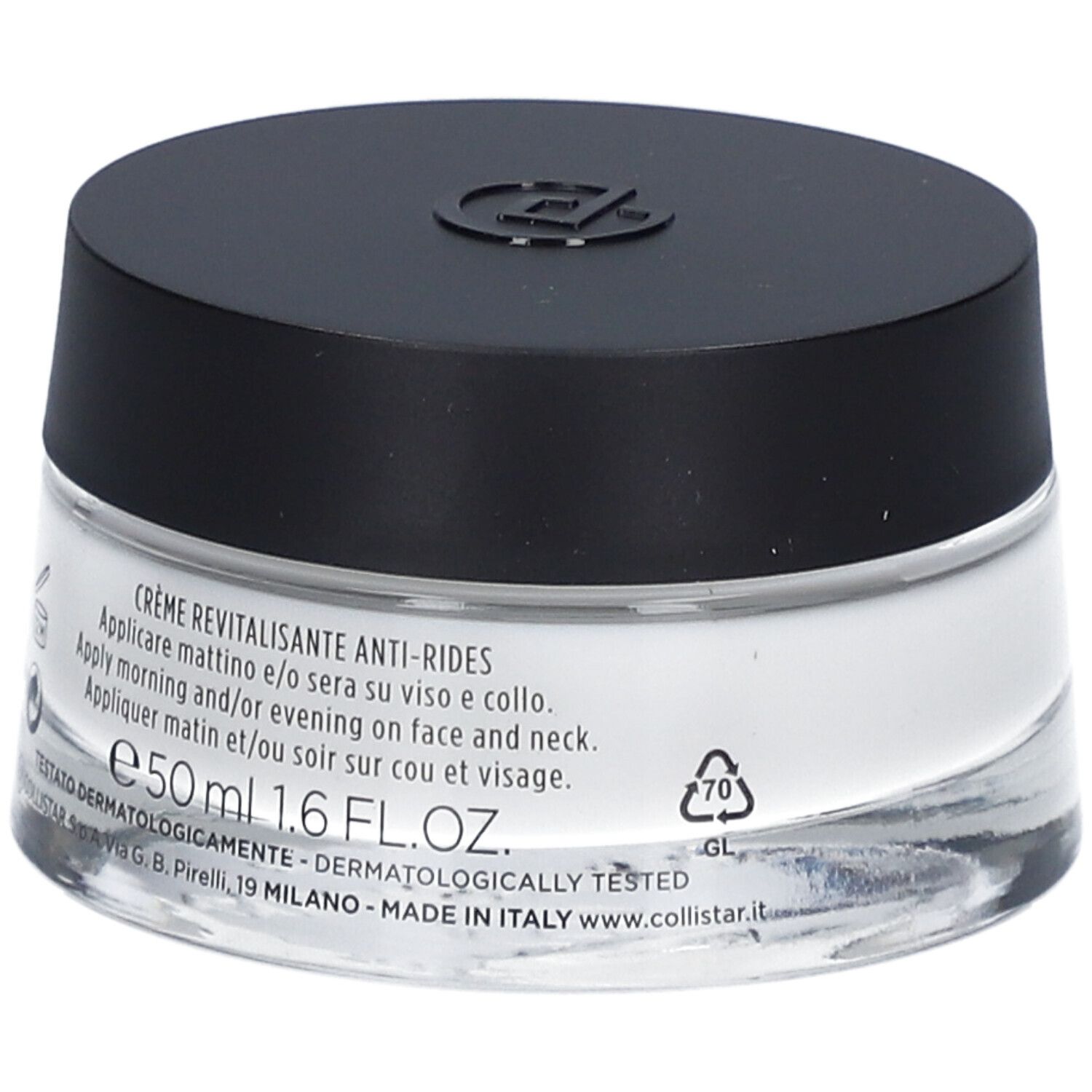 Vasetto di crema con coperchio nero. Scritta: Crema Revitalisante Anti-Rides. 50 ml.
