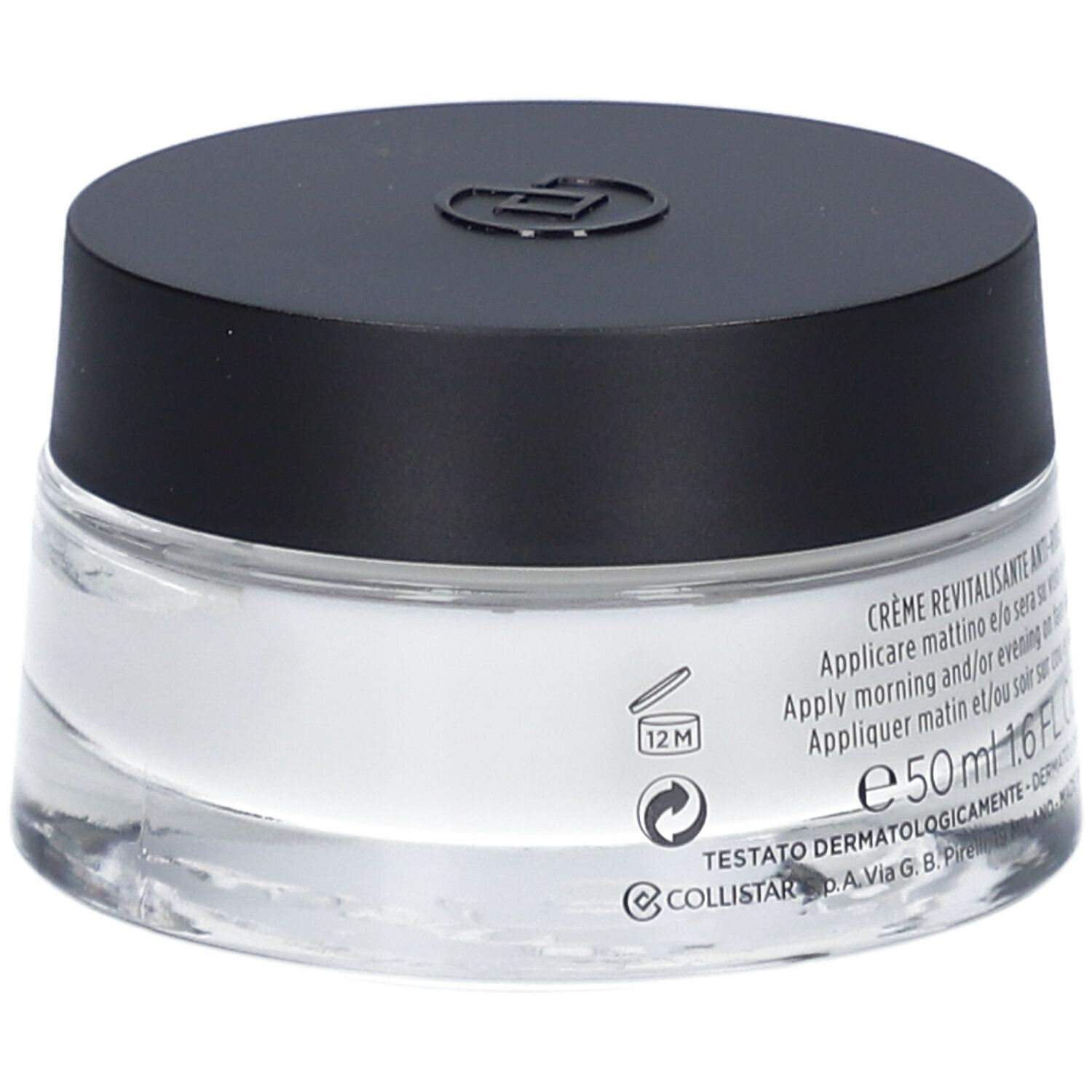 Vasetto di crema con coperchio nero. Scritta: Crema Revitalisante Anti-Rides. 50 ml.