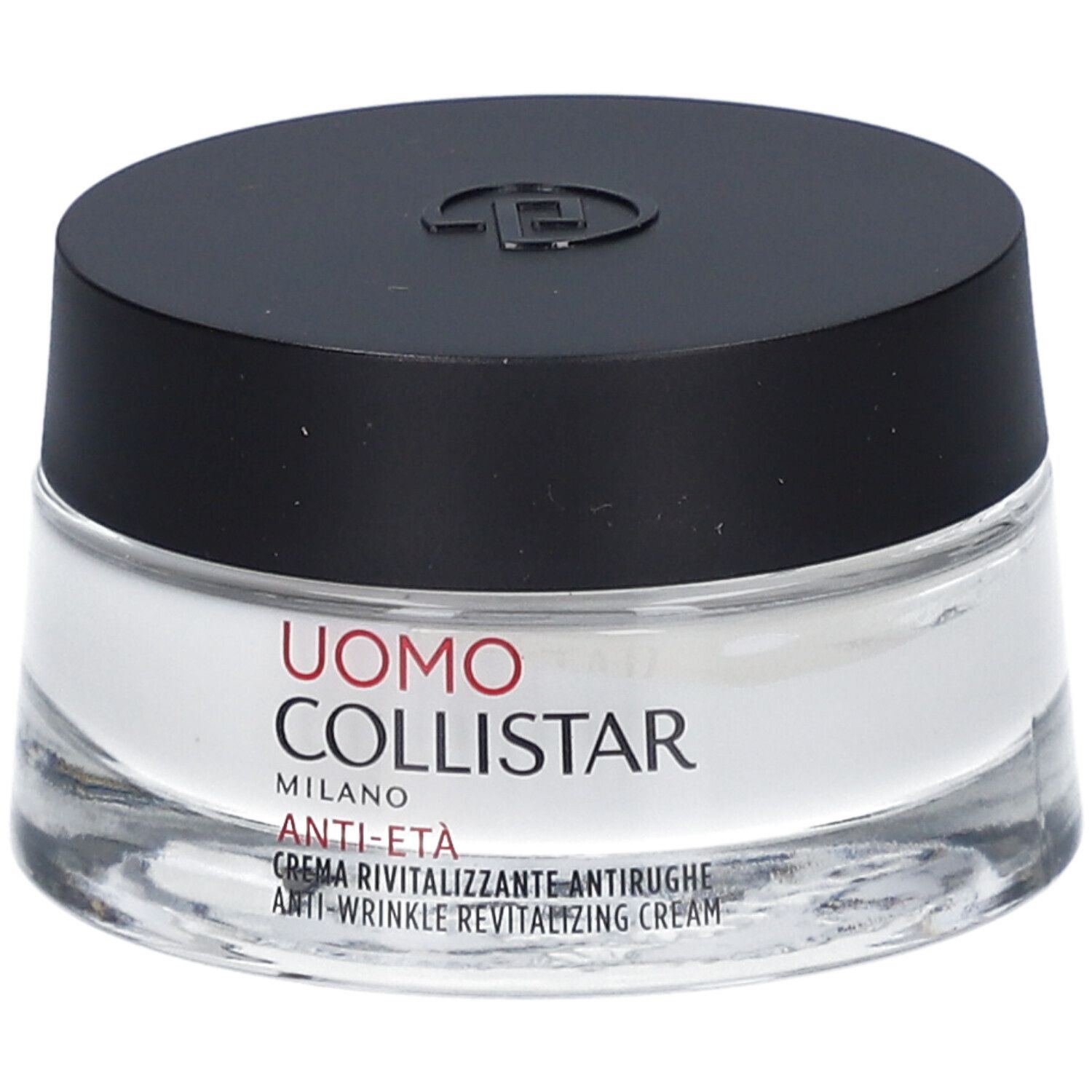 Vasetto di crema con coperchio nero. Scritta: Uomo Collistar Milano, Anti-Eta, crema antirughe.