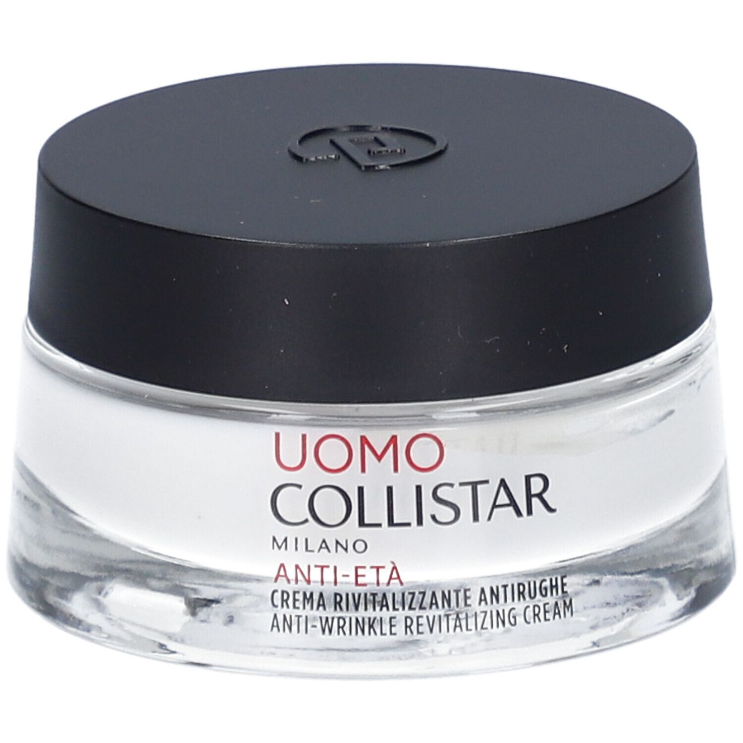 Vasetto di crema con coperchio nero. Scritta: Uomo Collistar Milano, Anti-Eta, crema antirughe.
