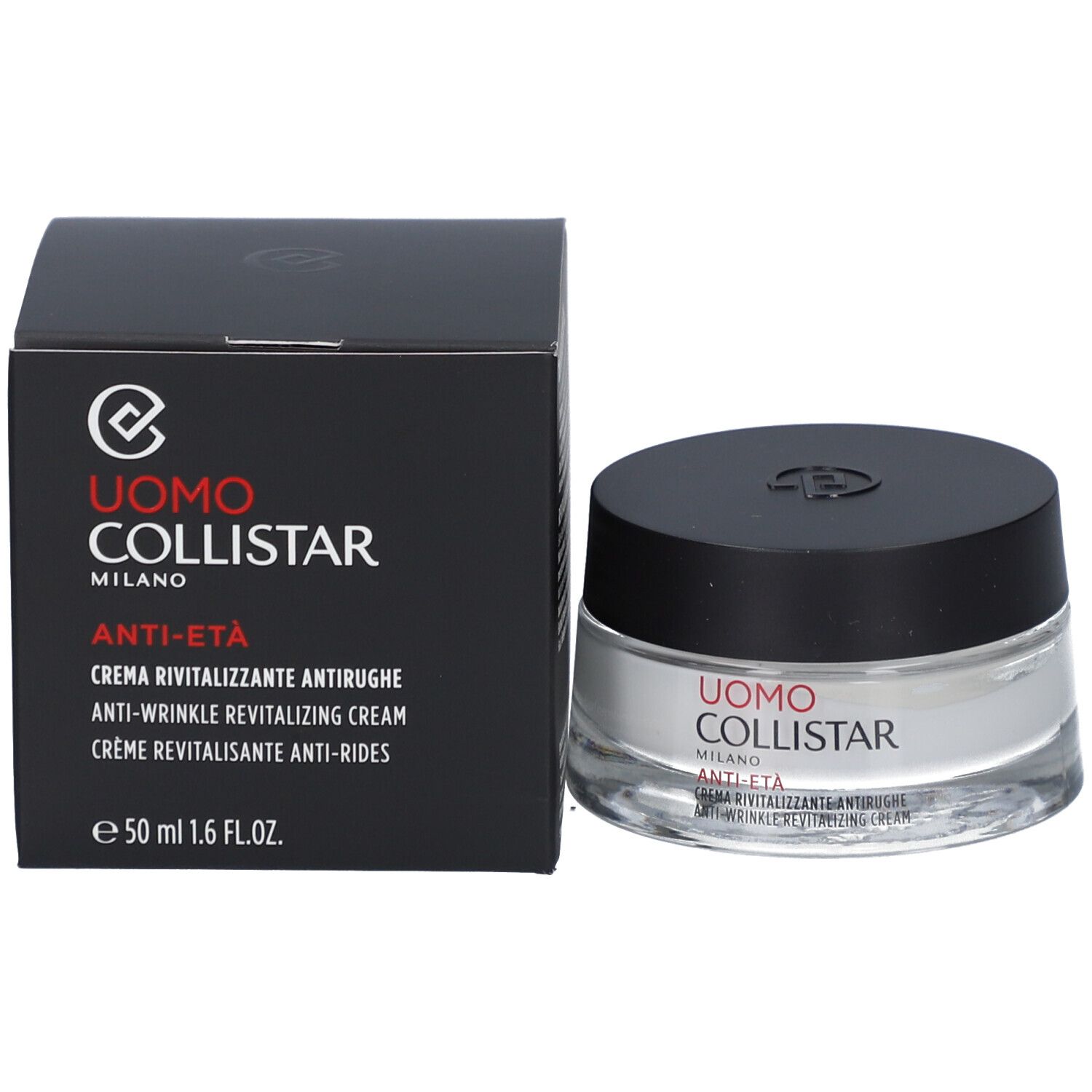 Vasetto di crema e scatola. Scritta: Uomo Collistar Milano, Anti-Eta, crema antirughe. 50 ml.
