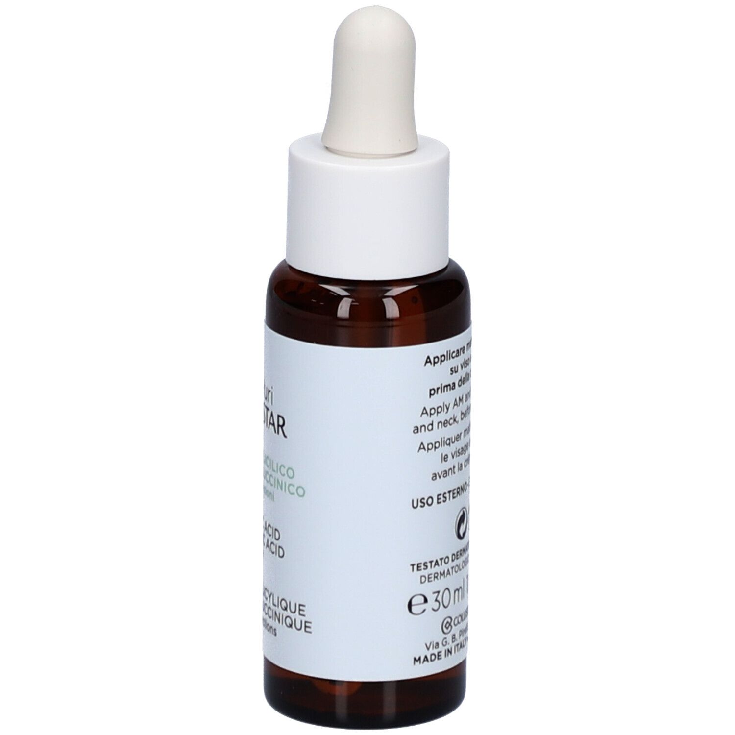 Flacone marrone con tappo bianco e contagocce. Etichetta con informazioni.