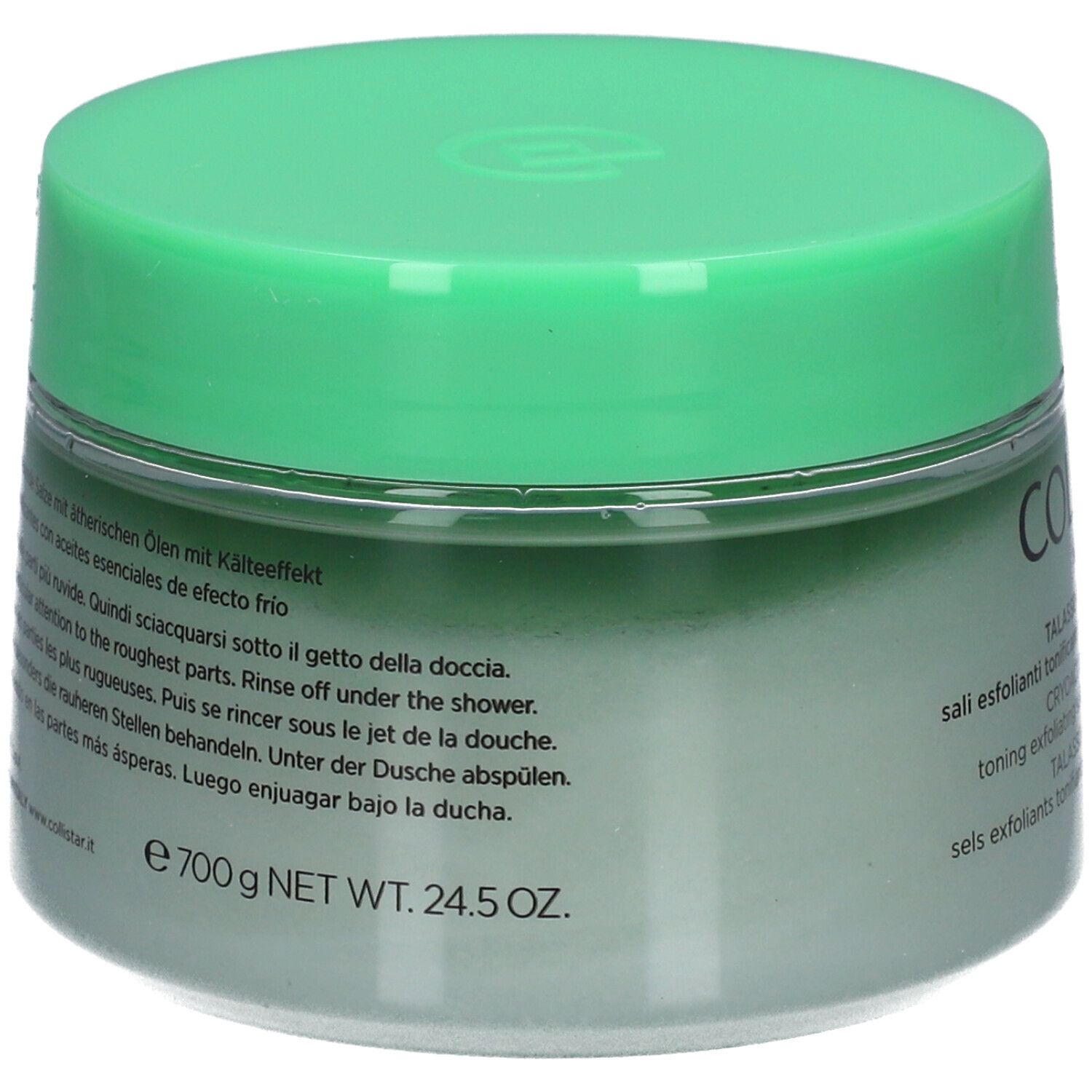 Retro del vaso verde con testo. Scritta: e 700 g NET WT. 24.5 OZ.