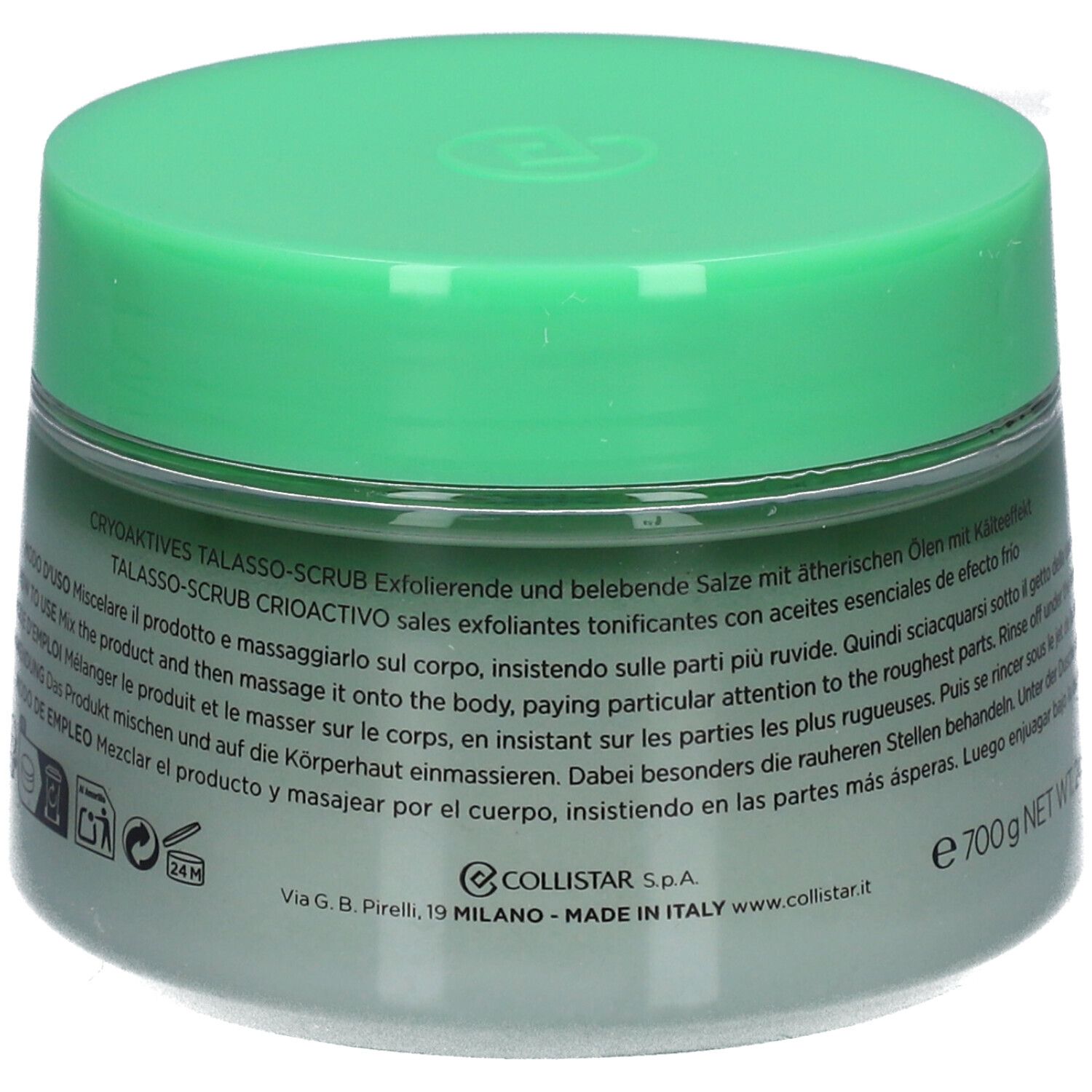 Retro del vaso verde con testo. Scritta: COLLISTAR S.p.A. Via G.B. Pirelli, 19 MILANO - MADE IN ITALY.