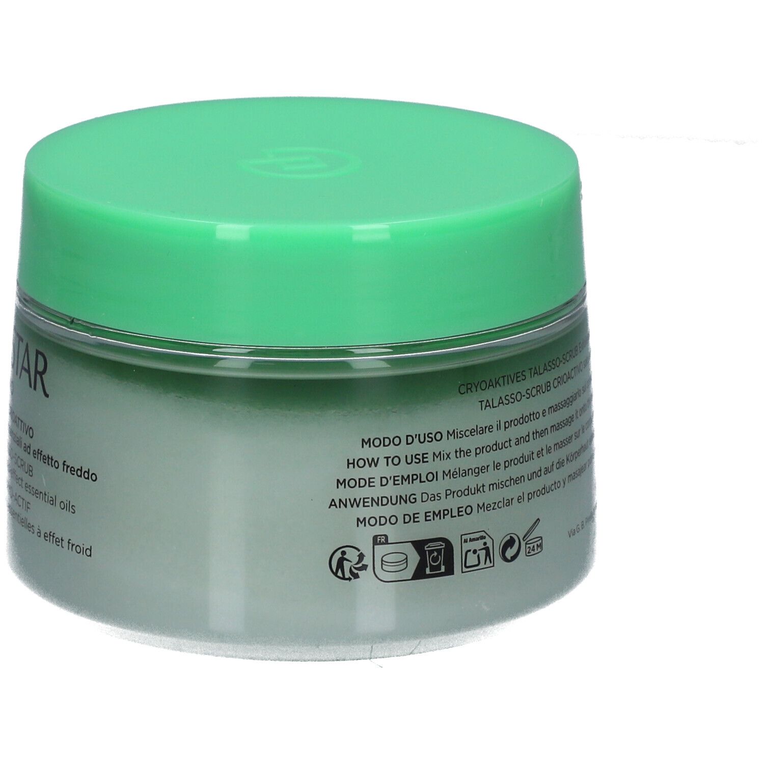 Vaso verde con testo. Scritta: MODO D'USO, HOW TO USE, MODE D'EMPLOI, ANWENDUNG, MODO DE EMPLEO.