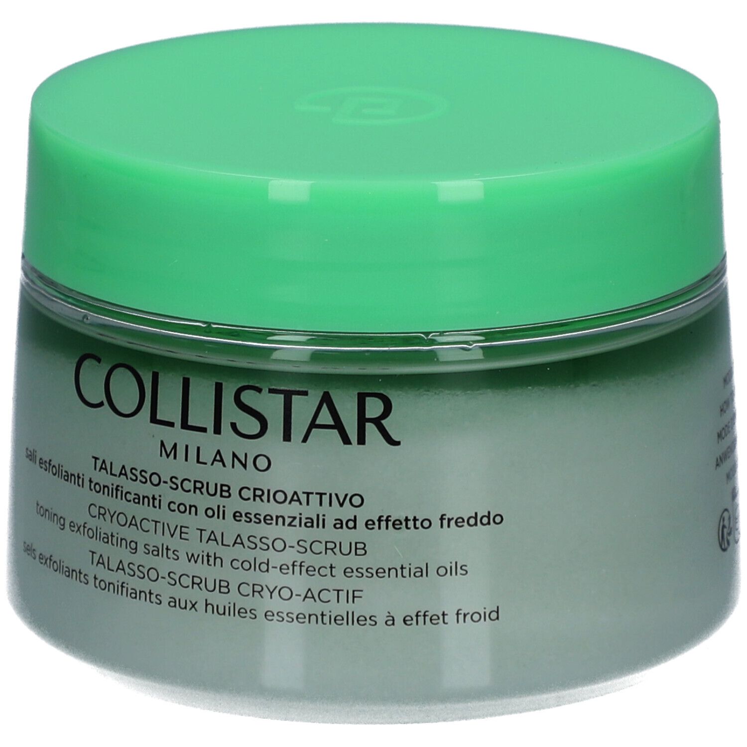 Vaso verde con scrub bianco-verde. Scritta: COLLISTAR MILANO, TALASSO-SCRUB.