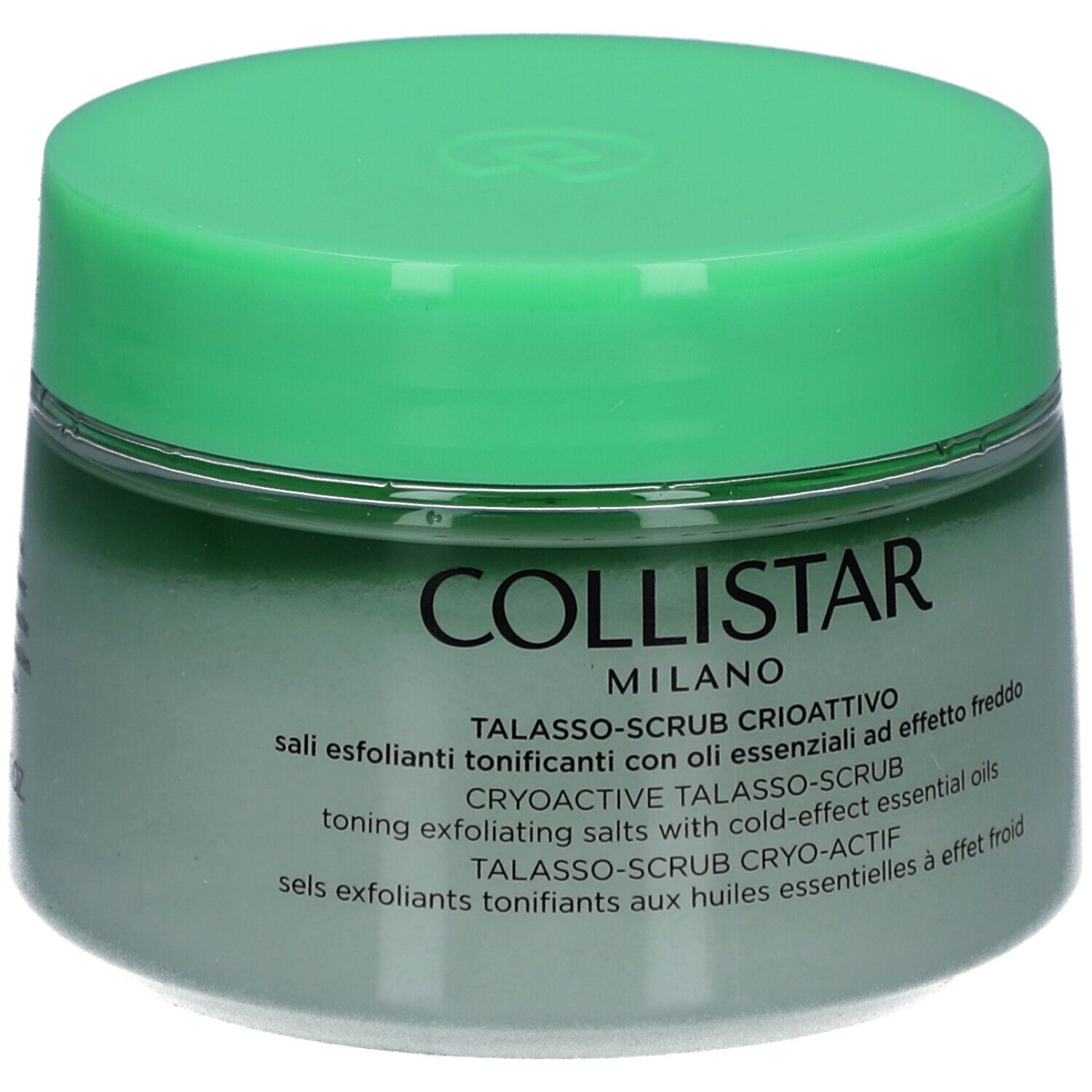 Vaso verde con scrub bianco-verde. Scritta: COLLISTAR MILANO, TALASSO-SCRUB.