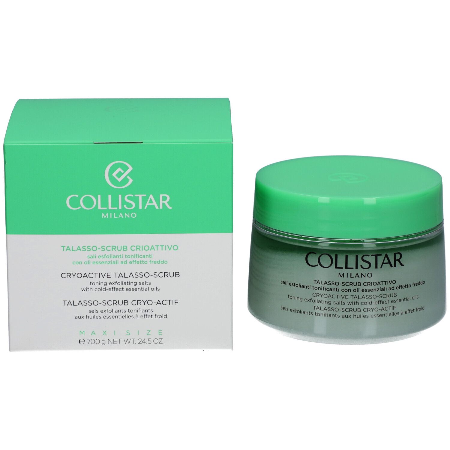 Vaso e scatola verdi con scrub bianco-verde. Scritta: COLLISTAR, TALASSO-SCRUB, MAXI SIZE.