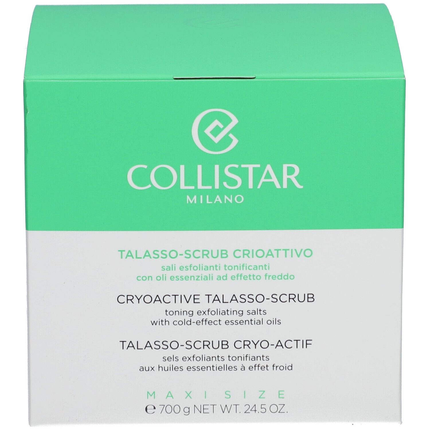 Scatola verde con testo. Scritta: COLLISTAR, TALASSO-SCRUB, MAXI SIZE, e 700 g NET WT. 24.5 OZ.