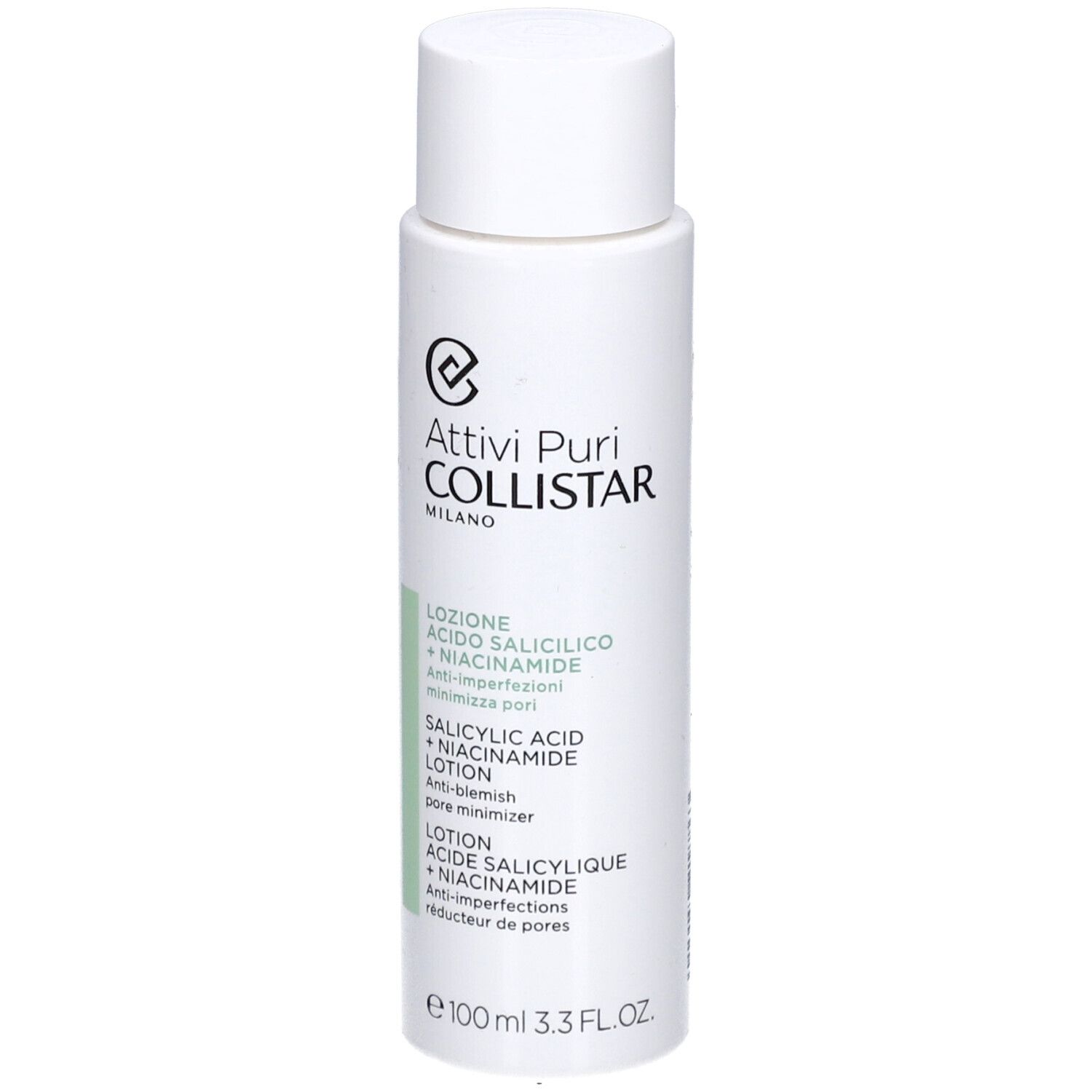 Flacone bianco con tappo. Scritta: Collistar, Lozione Acido Salicilico + Niacinamide. 100 ml.