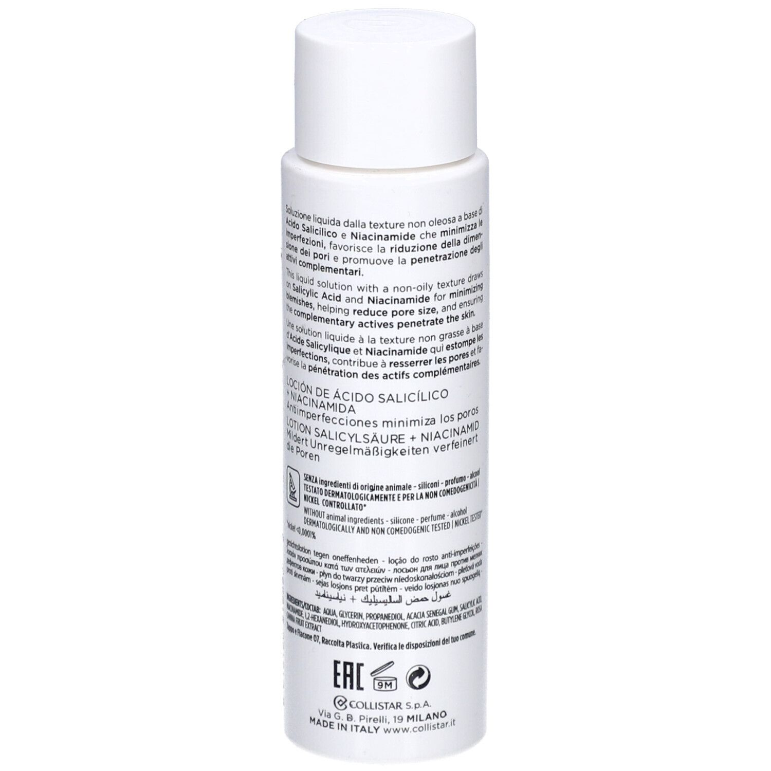 Flacone bianco con tappo. Scritta: Collistar, Lozione Acido Salicilico + Niacinamide. Testo in italiano.