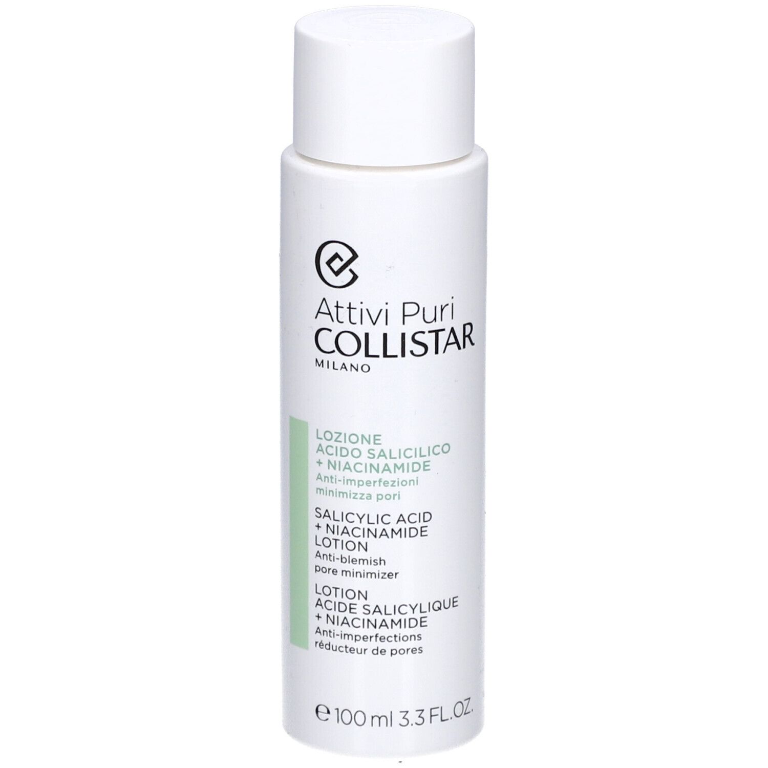Flacone bianco con tappo. Scritta: Collistar, Lozione Acido Salicilico + Niacinamide. 100 ml.