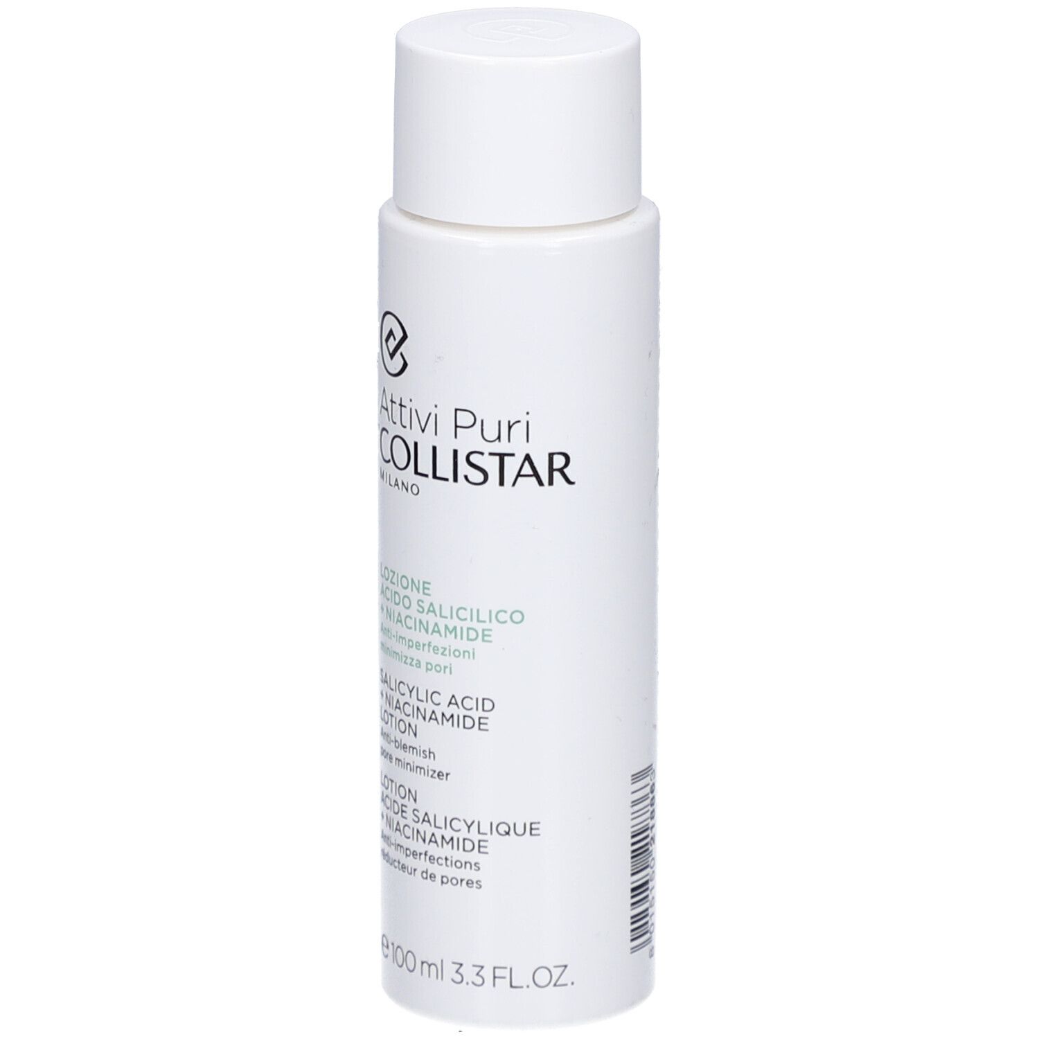 Flacone bianco con tappo. Scritta: Collistar, Lozione Acido Salicilico + Niacinamide. 100 ml.