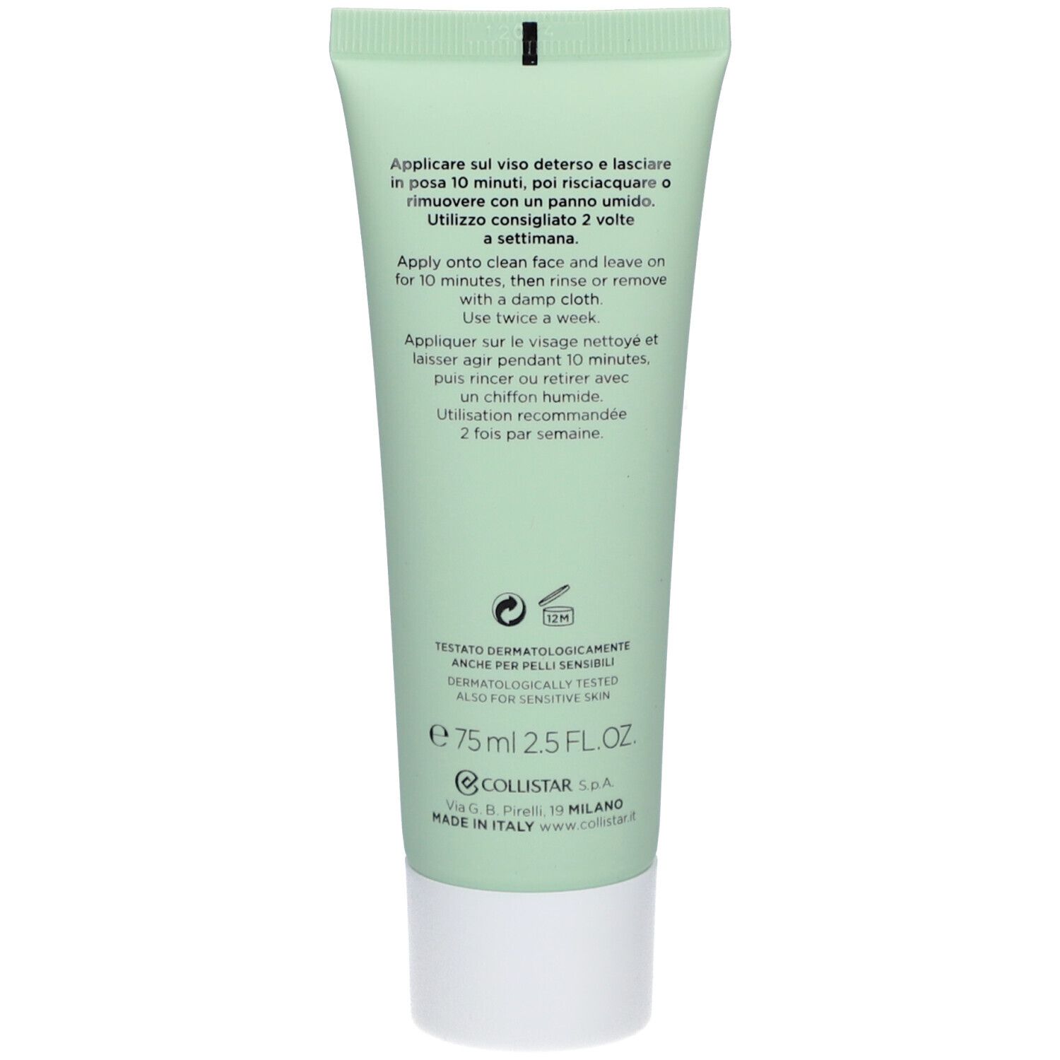 Retro di un tubo verde. Testo: Istruzioni per l'uso in più lingue. Volume: 75 ml. Marchio: Collistar.