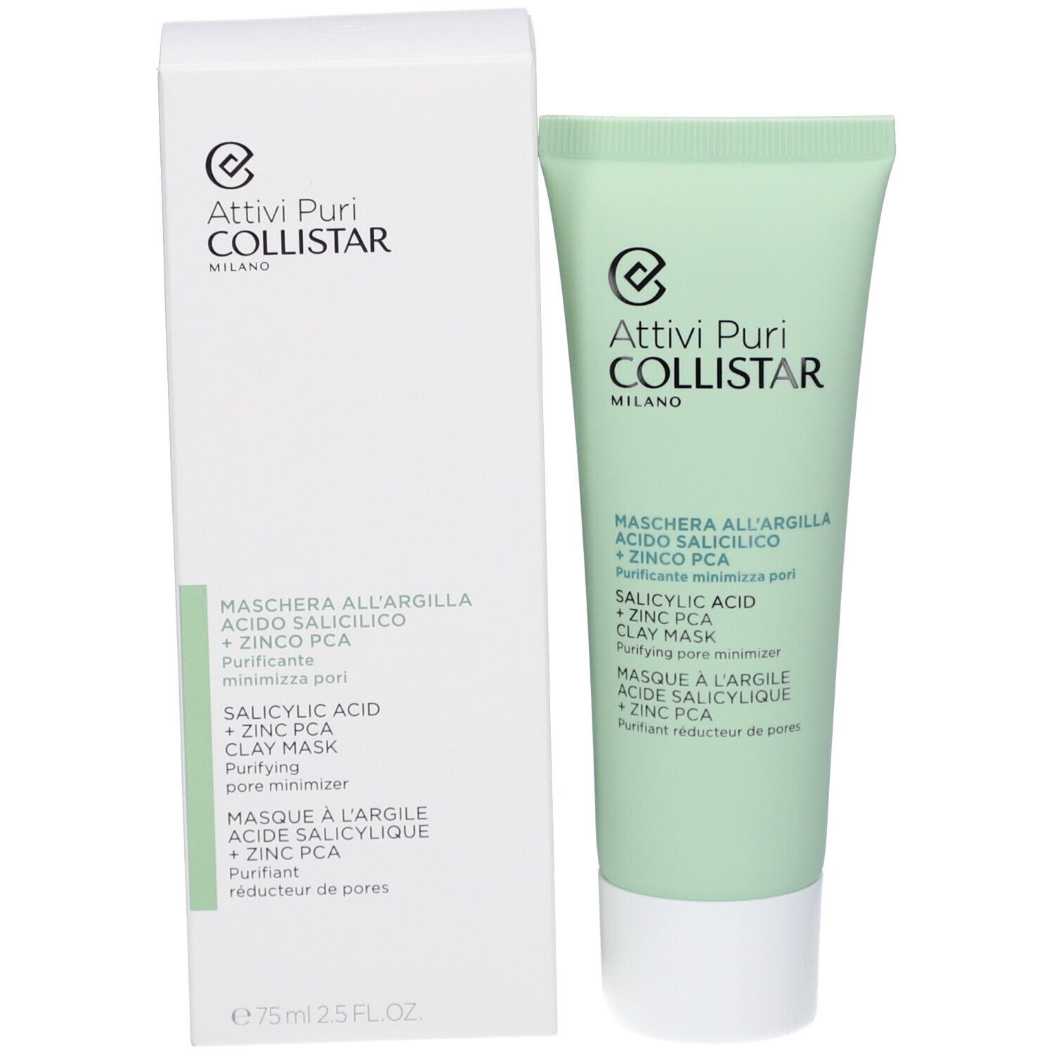 Confezione del prodotto con tubo e scatola. Tubo verde, scatola bianca. Testo: Maschera all'Argilla, Acido Salicilico + Zinco PCA. Marchio: Collistar.