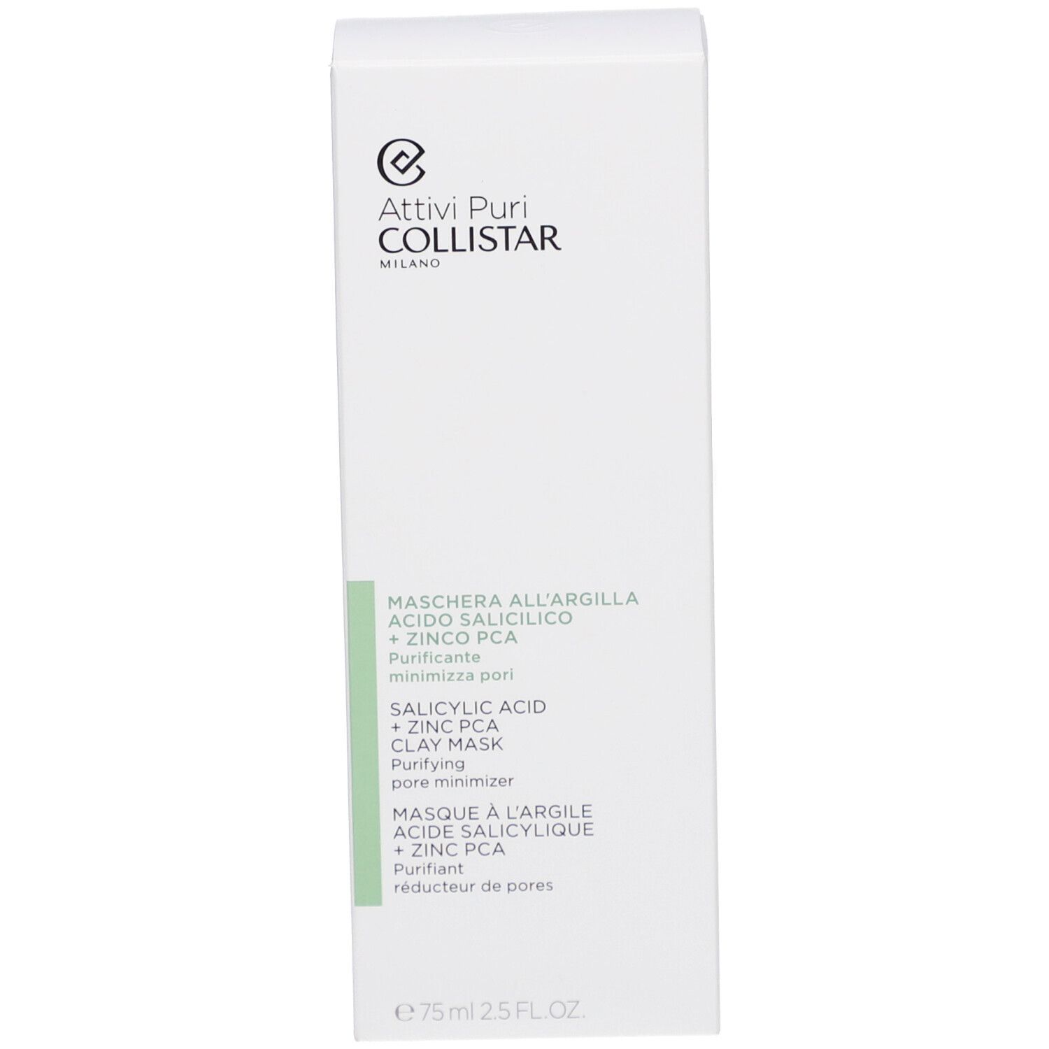 Confezione prodotto bianca. Testo: Maschera all'Argilla, Acido Salicilico + Zinco PCA. Marchio: Collistar.