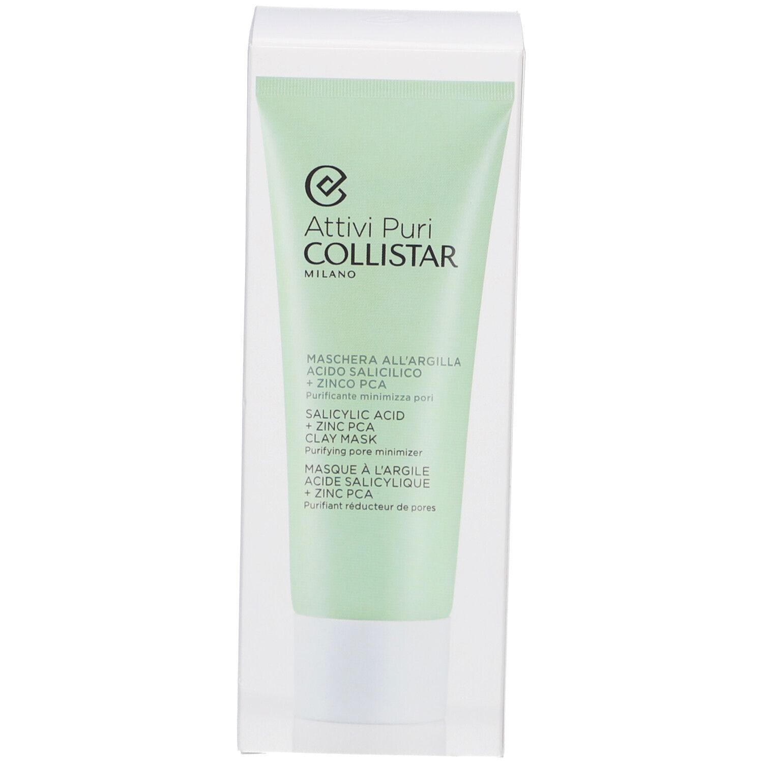 Tubo verde in confezione trasparente. Testo: Maschera all'Argilla, Acido Salicilico + Zinco PCA. Marchio: Collistar.