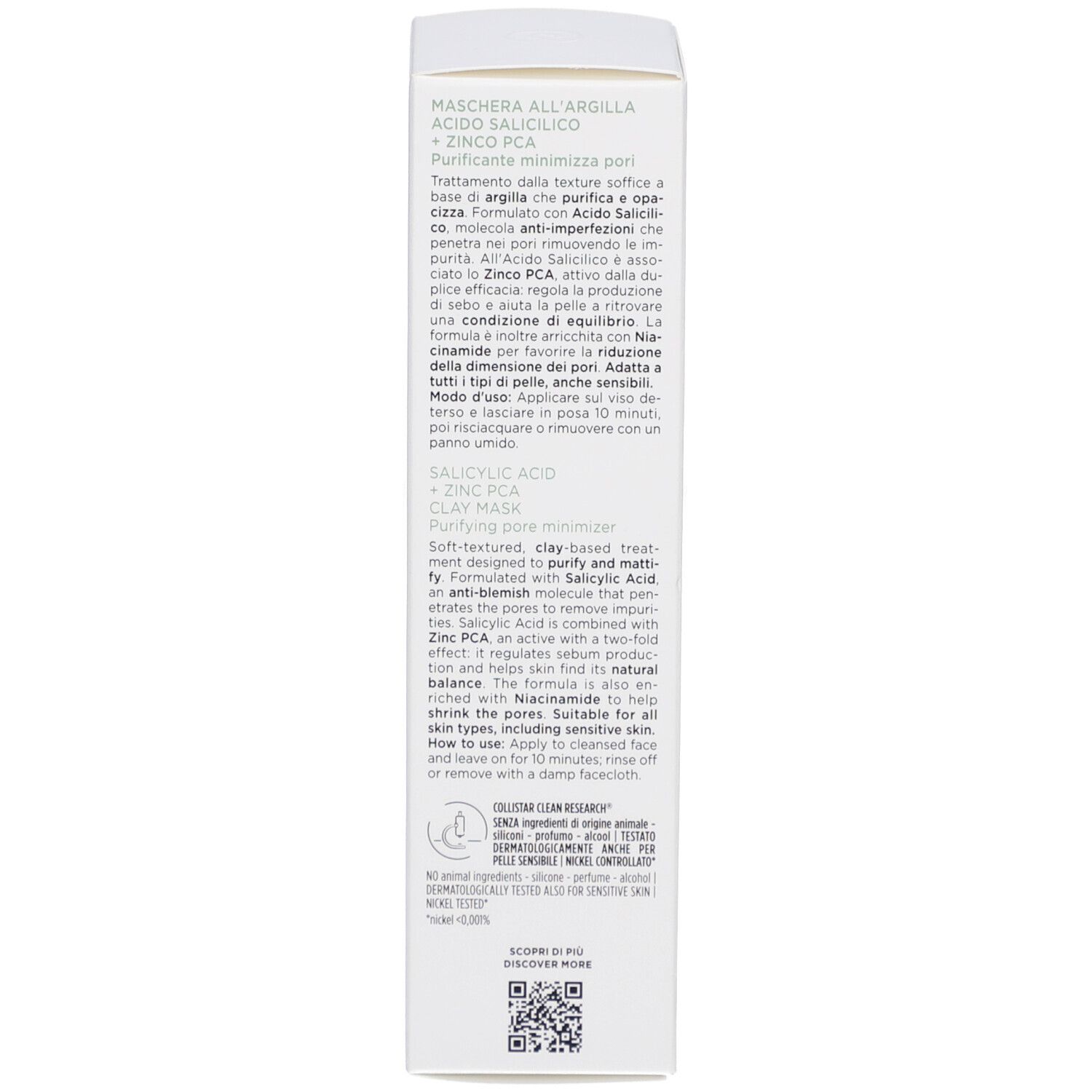 Confezione del prodotto, vista dettagliata. Testo: Istruzioni per l'uso e ingredienti. Marchio: Collistar.