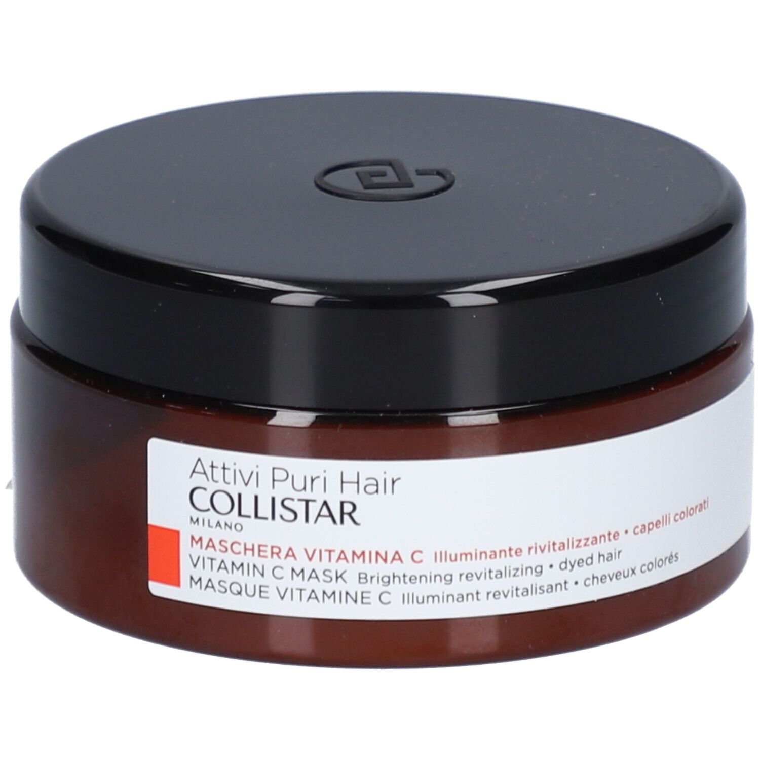 Barattolo marrone con coperchio nero. Etichetta con testo: Collistar Masque Vitamin C. Per capelli colorati.