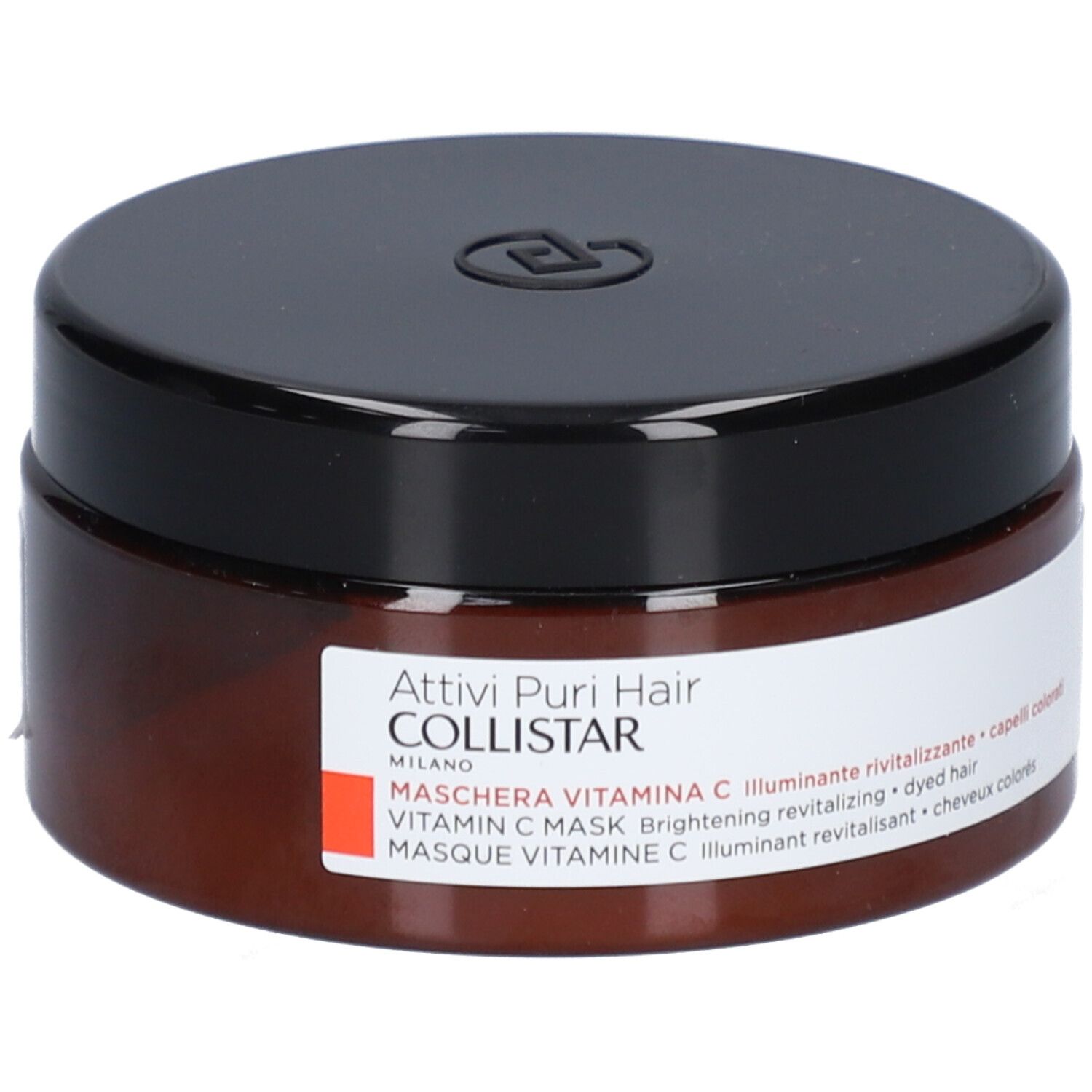 Barattolo marrone con coperchio nero. Etichetta con testo: Collistar Masque Vitamin C. Per capelli colorati.