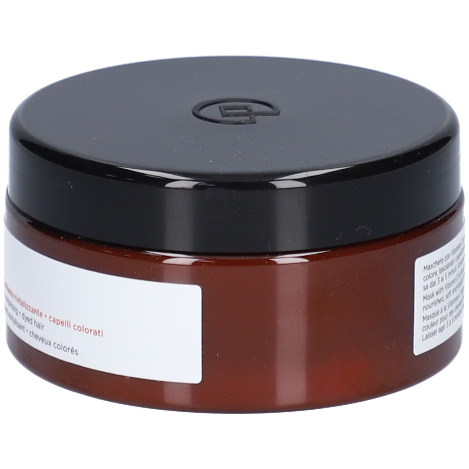 Barattolo marrone con coperchio nero. Etichetta con testo: Collistar Masque Vitamin C. Per capelli colorati. Retro.