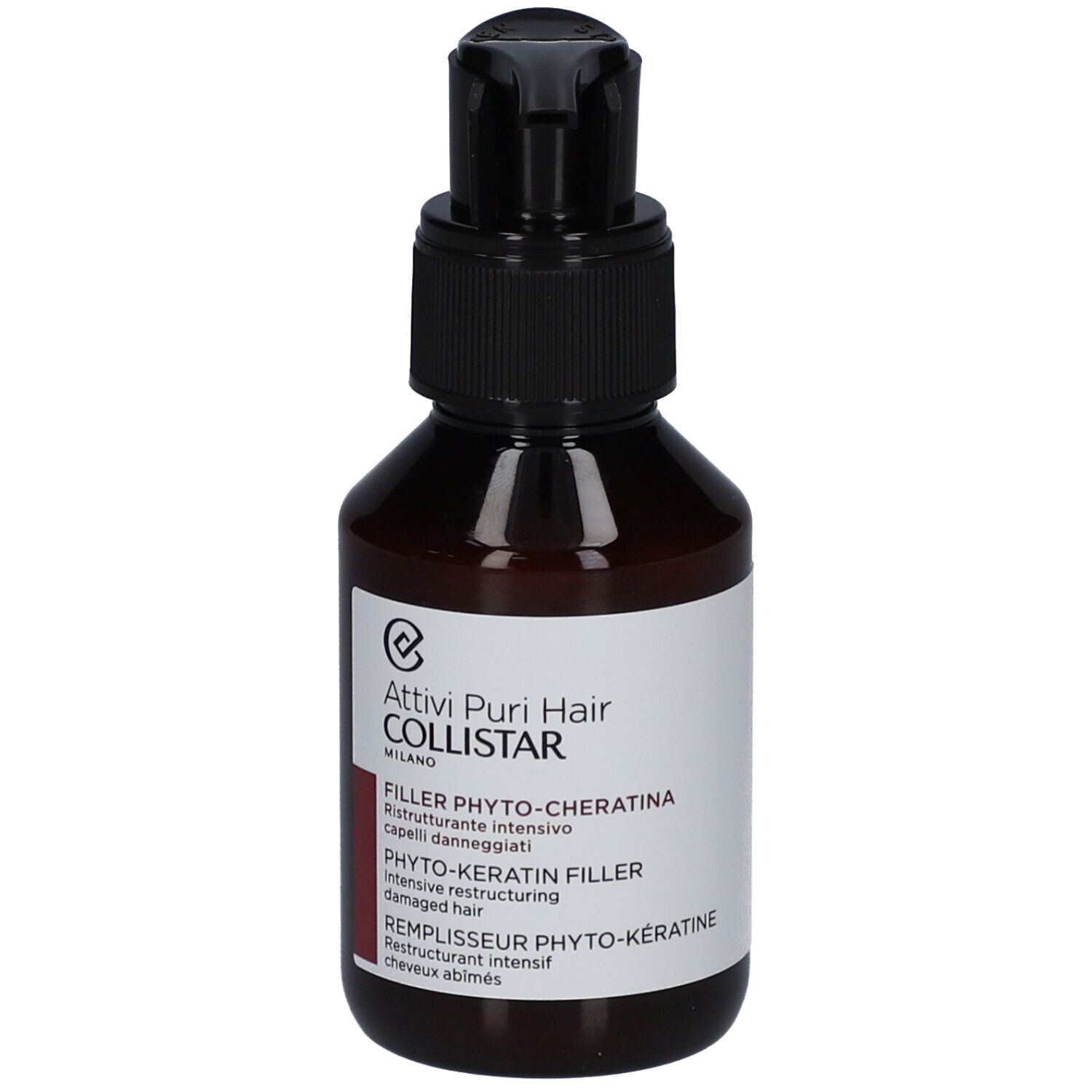 Flacone marrone con tappo a pompa nero. L'etichetta riporta "Filler Phyto-Keratina".