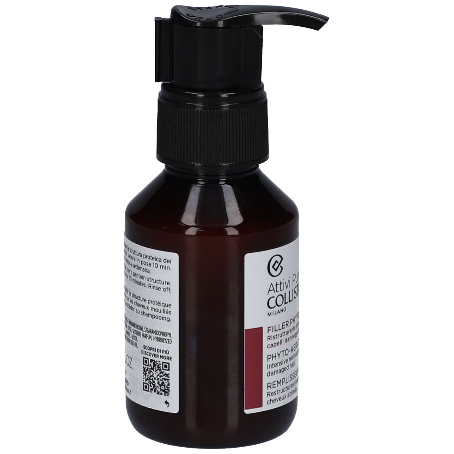 Flacone marrone con tappo a pompa nero. L'etichetta riporta "Filler Phyto-Keratina".