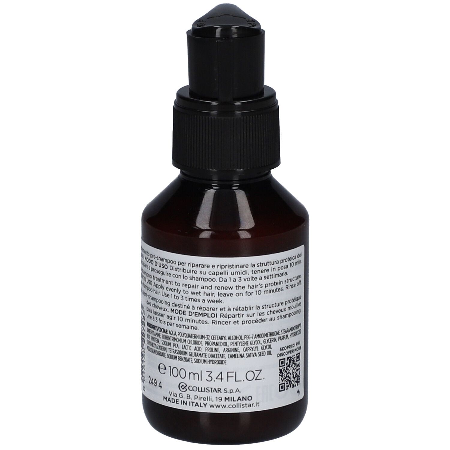 Flacone marrone con tappo a pompa nero. L'etichetta riporta "Filler Phyto-Keratina".