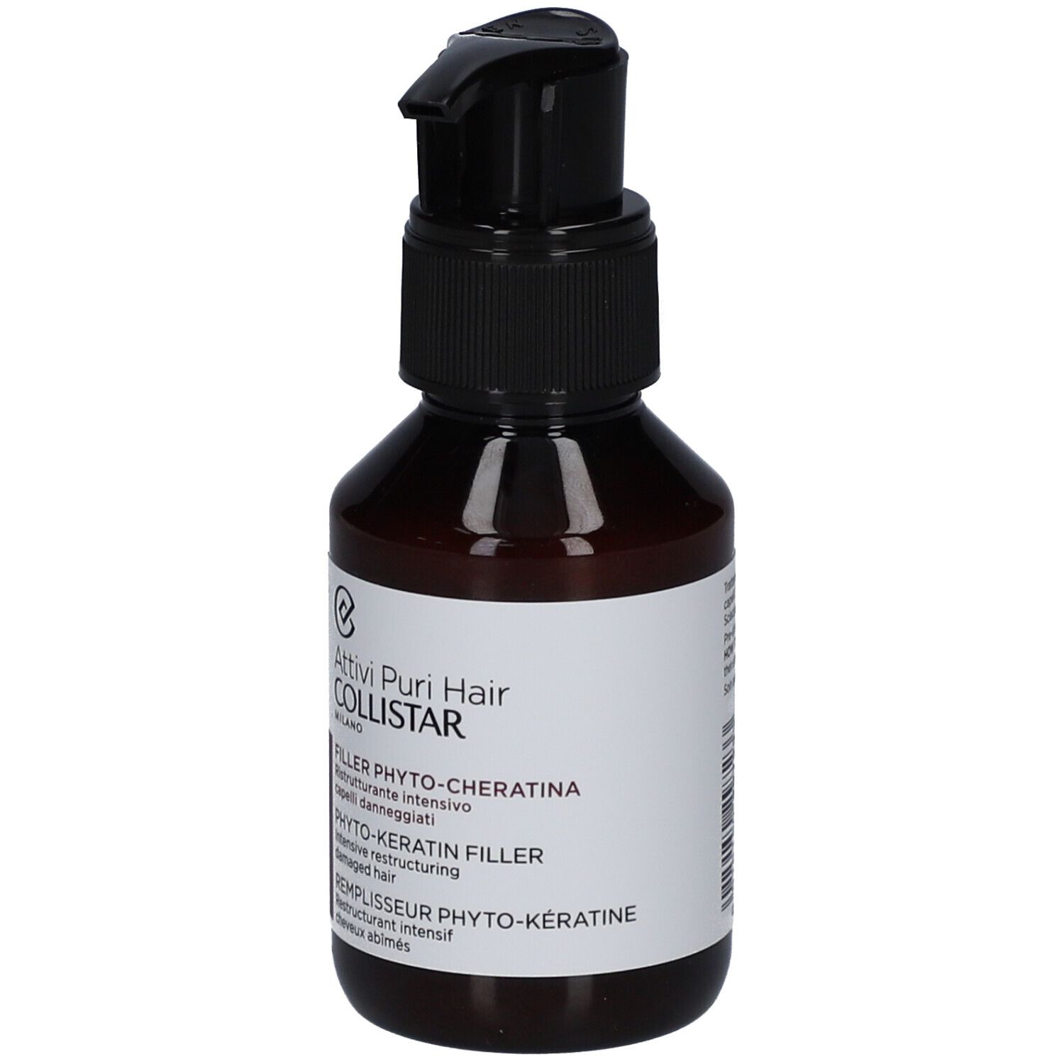 Flacone marrone con tappo a pompa nero. L'etichetta riporta "Filler Phyto-Keratina".