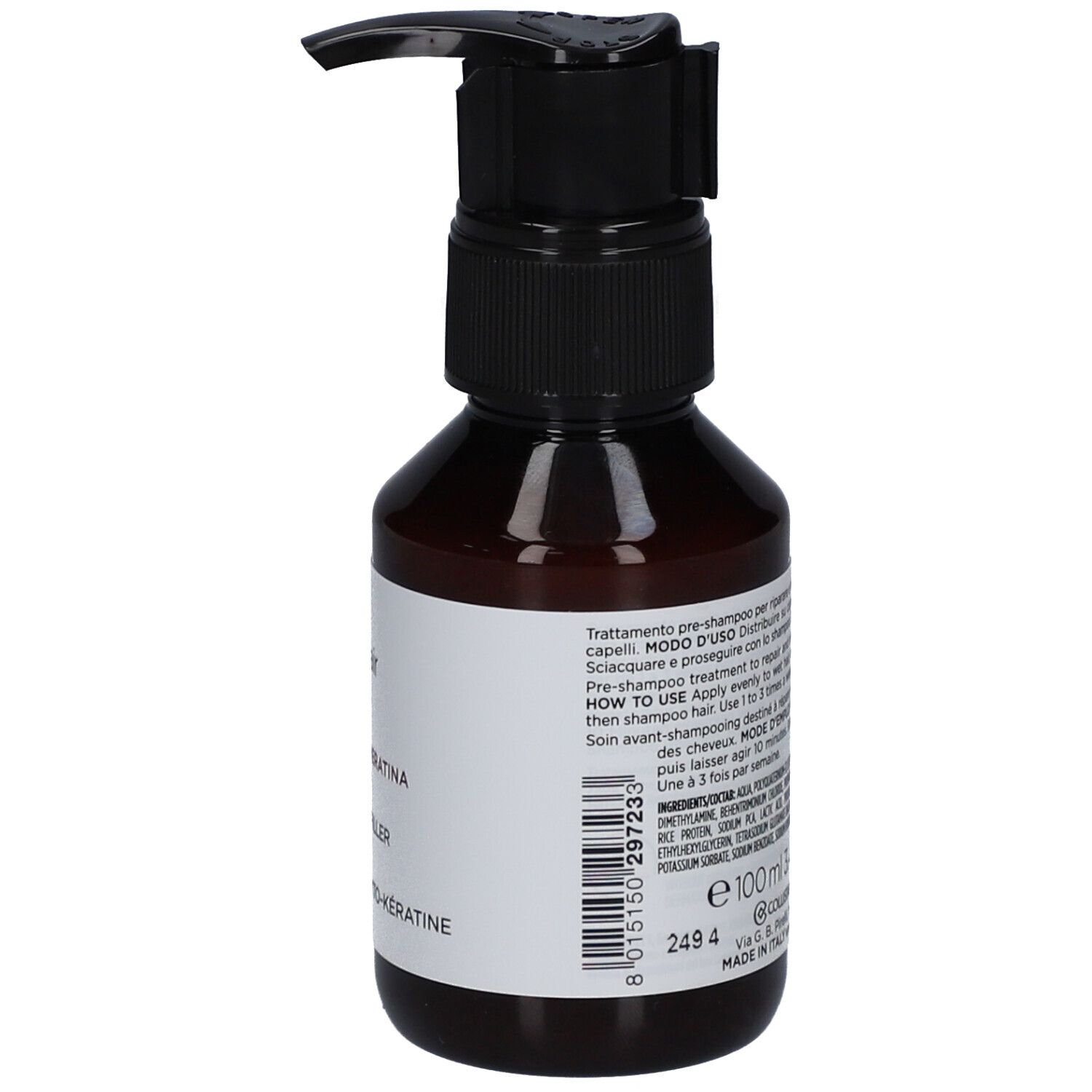 Flacone marrone con tappo a pompa nero. L'etichetta riporta "Filler Phyto-Keratina".