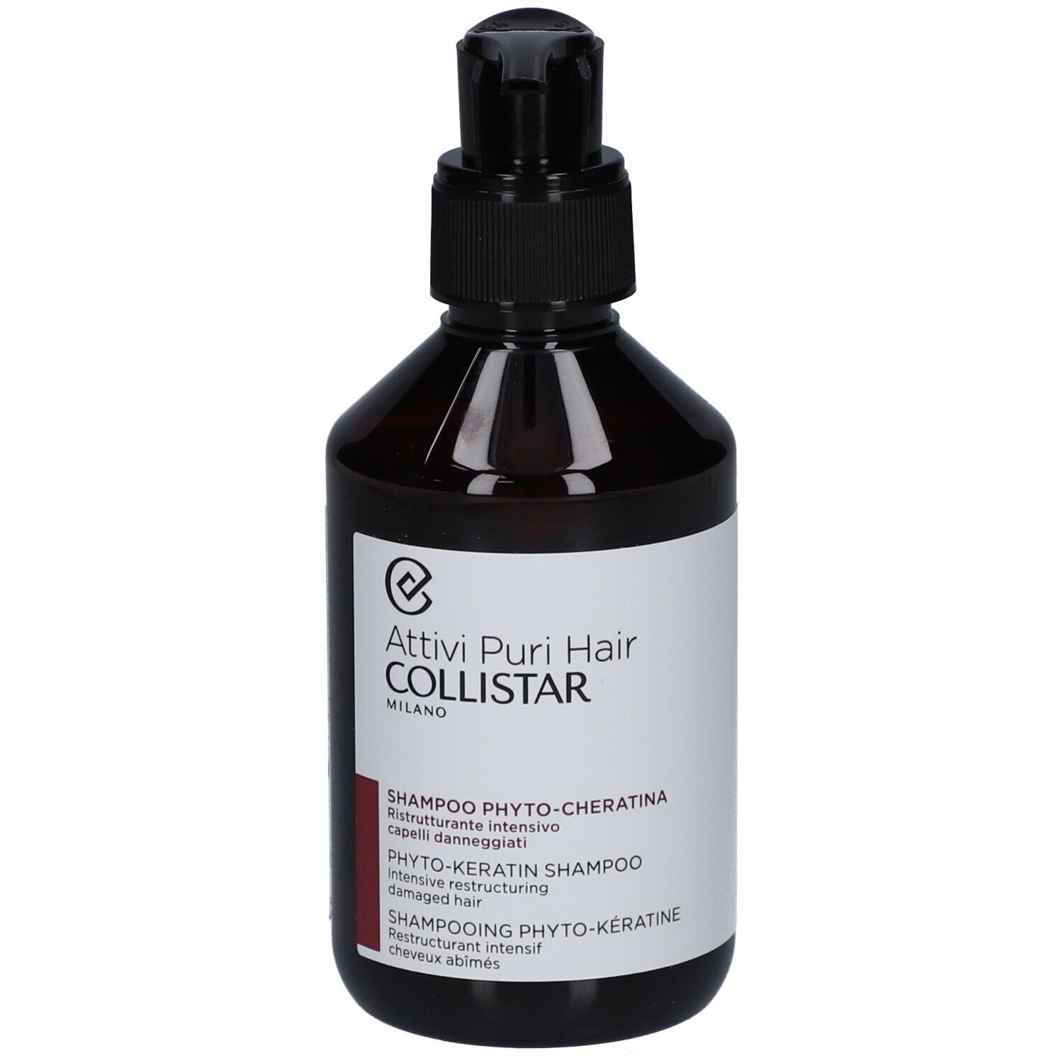 Flacone marrone con dosatore nero. Etichetta con testo: Shampoo Phyto-Cheratina, Collistar.