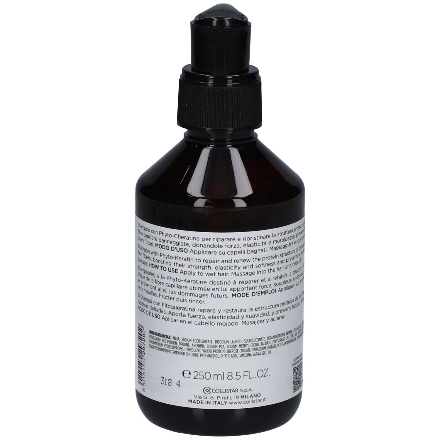 Flacone marrone con dosatore nero. Retro con testo. Collistar Shampoo Phyto-Cheratina.