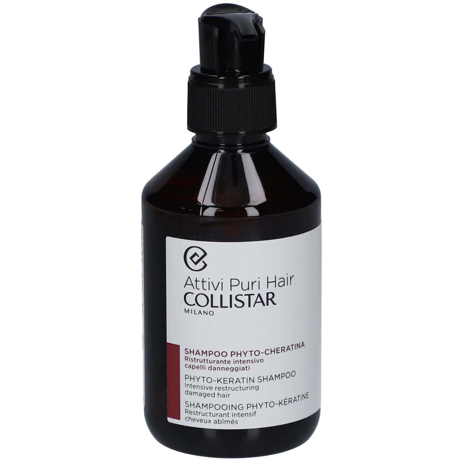 Flacone marrone con dosatore nero. Etichetta con testo: Shampoo Phyto-Cheratina, Collistar.