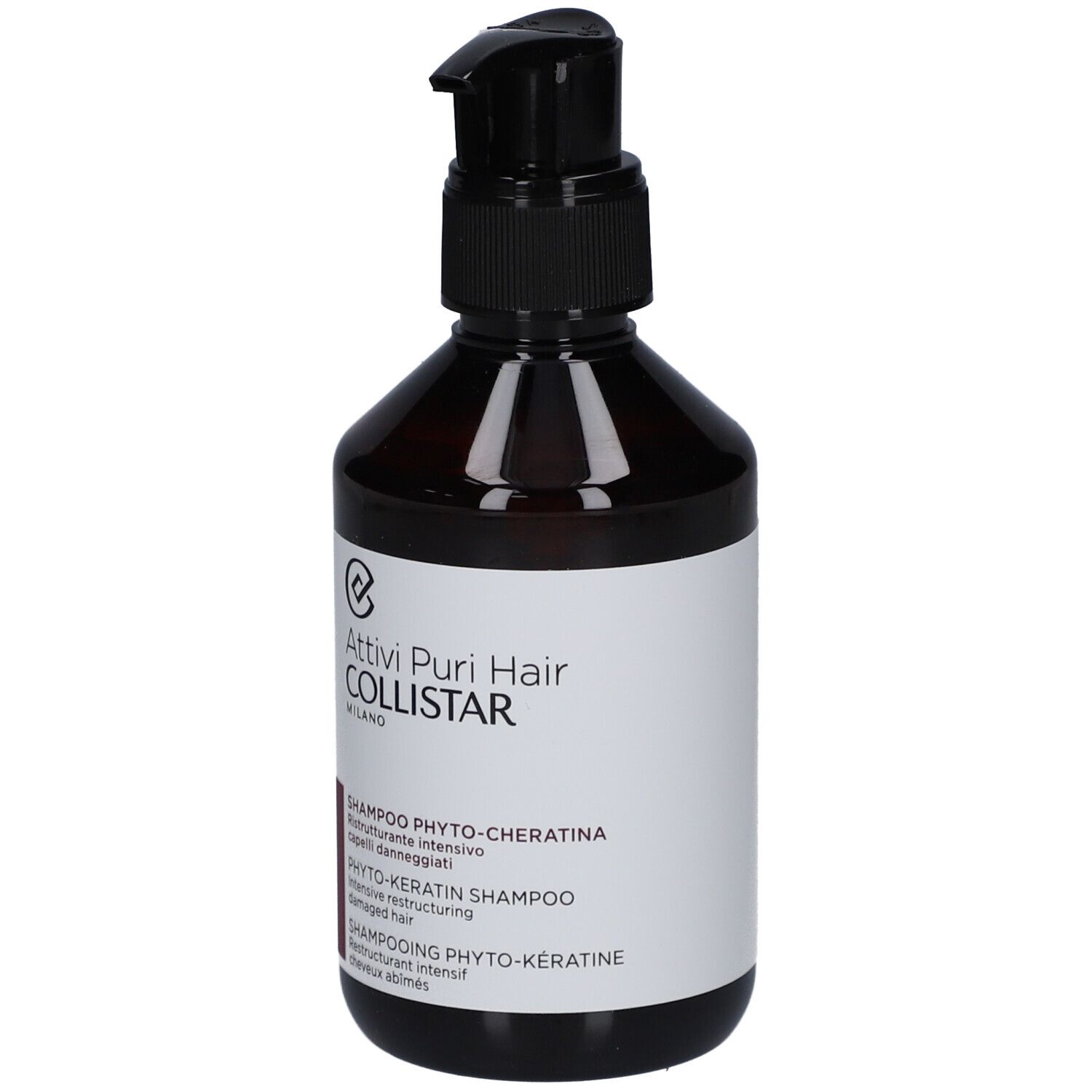 Flacone marrone con dosatore nero. Etichetta con testo: Shampoo Phyto-Cheratina, Collistar.