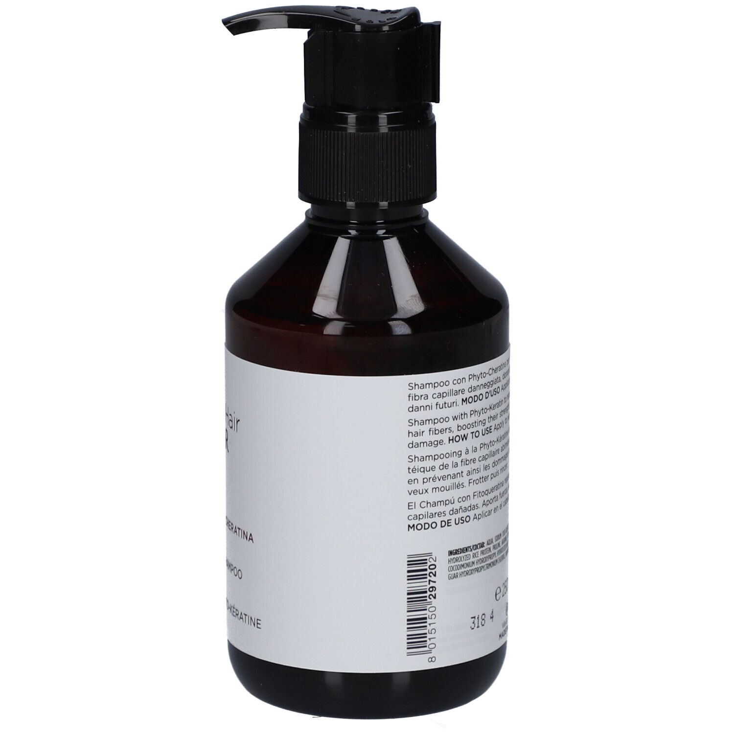 Flacone marrone con dosatore nero. Retro con testo. Collistar Shampoo Phyto-Cheratina.
