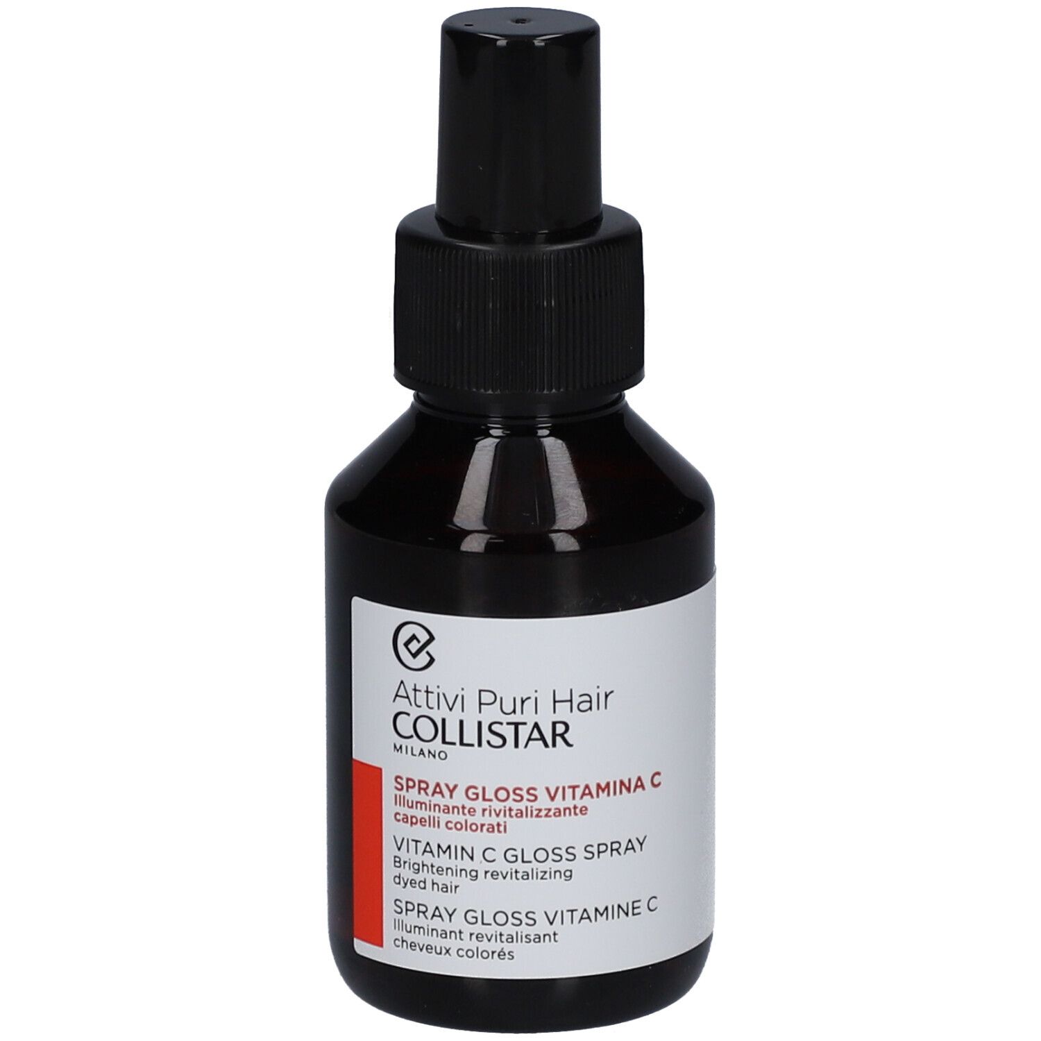 Flacone in vetro marrone con erogatore nero. Etichetta con nome prodotto e marchio: Collistar Spray Gloss Vitamina C.
