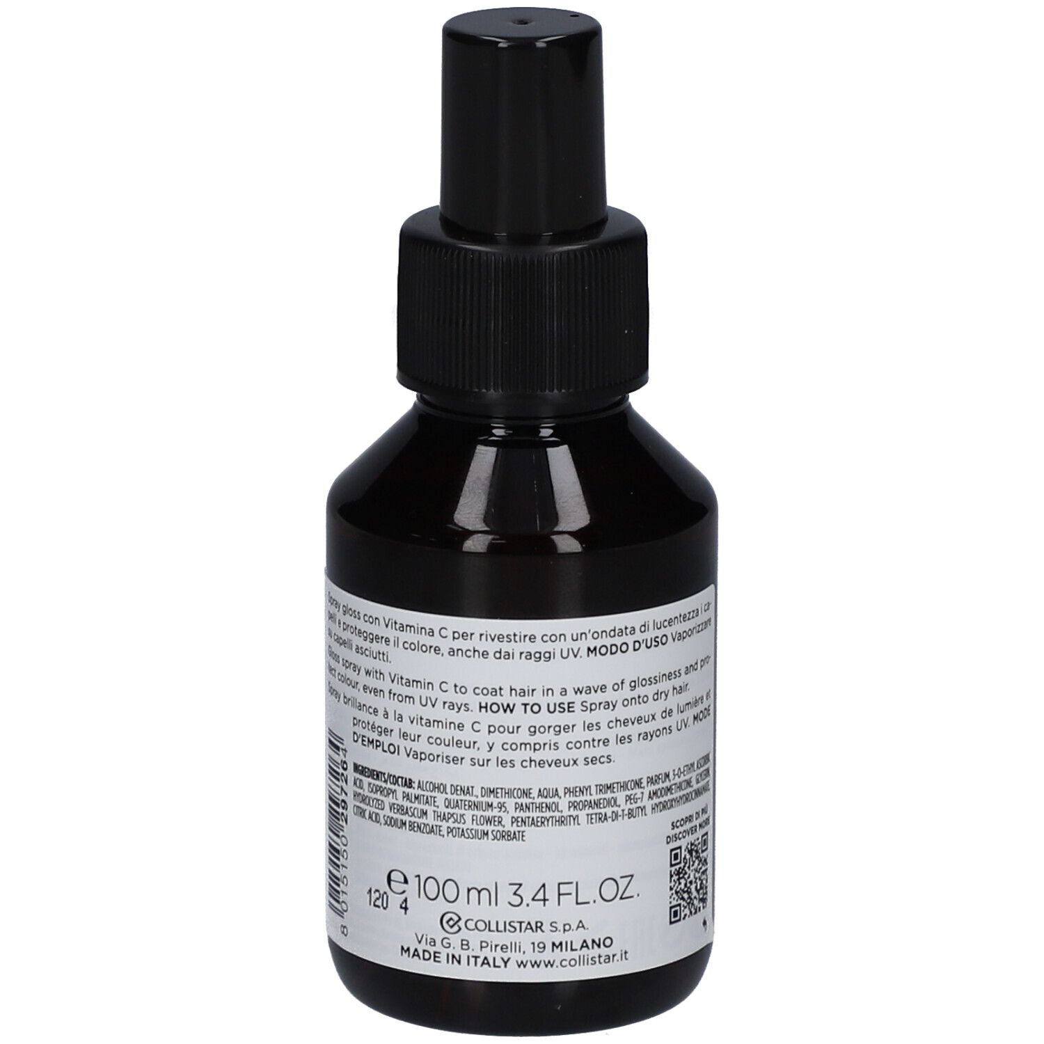 Flacone in vetro marrone con erogatore nero. Etichetta con informazioni sul prodotto e ingredienti. Marchio: Collistar.