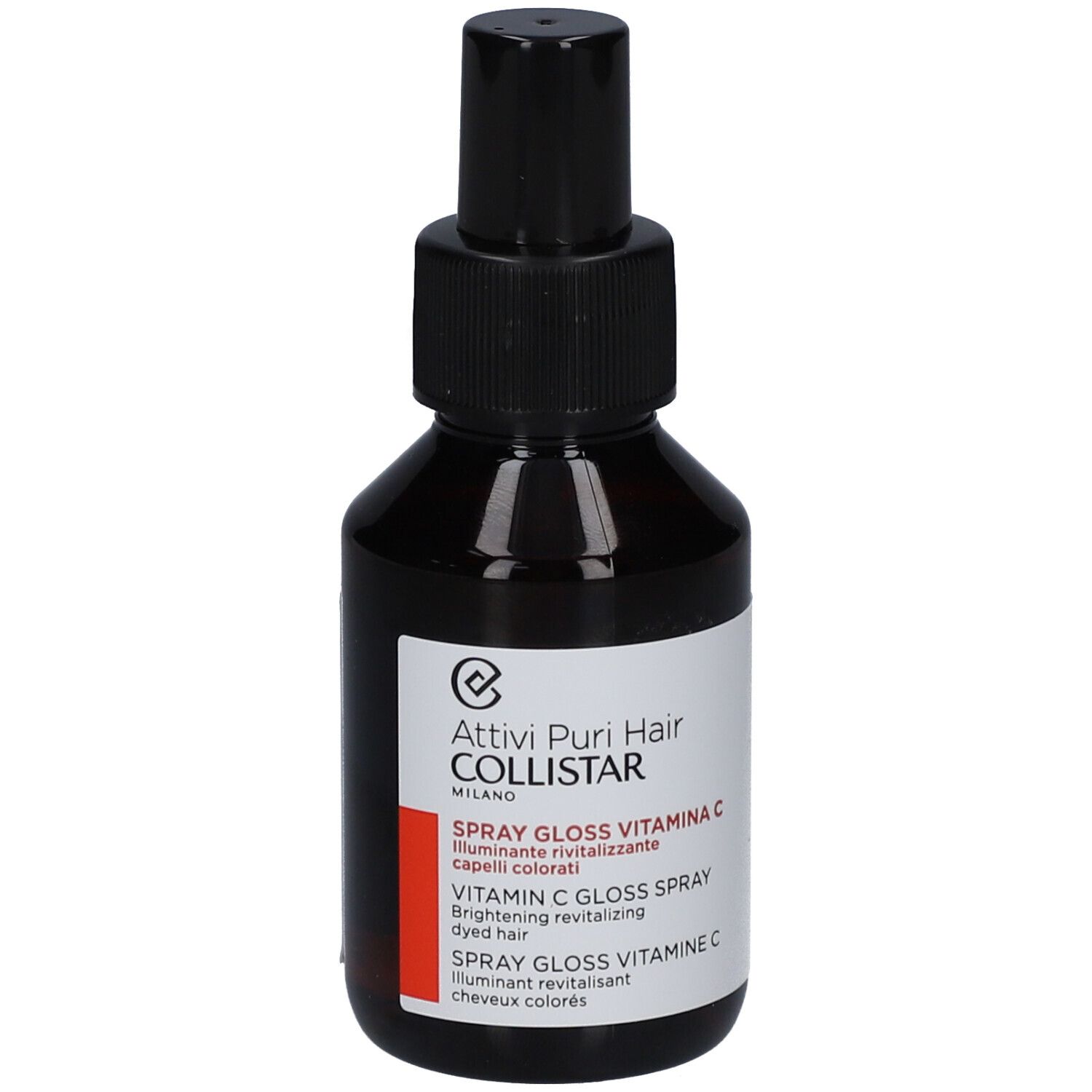 Flacone in vetro marrone con erogatore nero. Etichetta con nome prodotto e marchio: Collistar Spray Gloss Vitamina C.