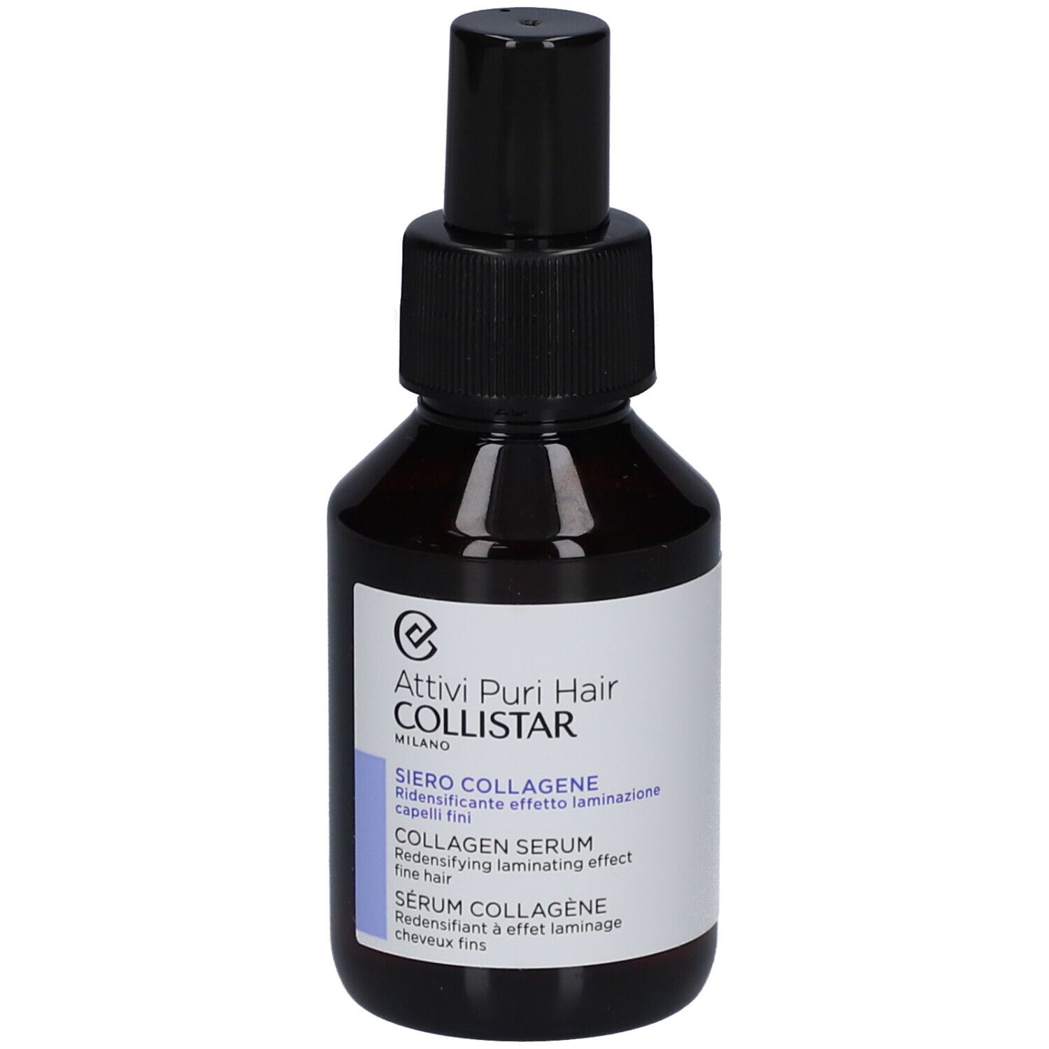 Flacone marrone con vaporizzatore nero. Etichetta con nome prodotto e marchio: Collistar Sérum Collagène.