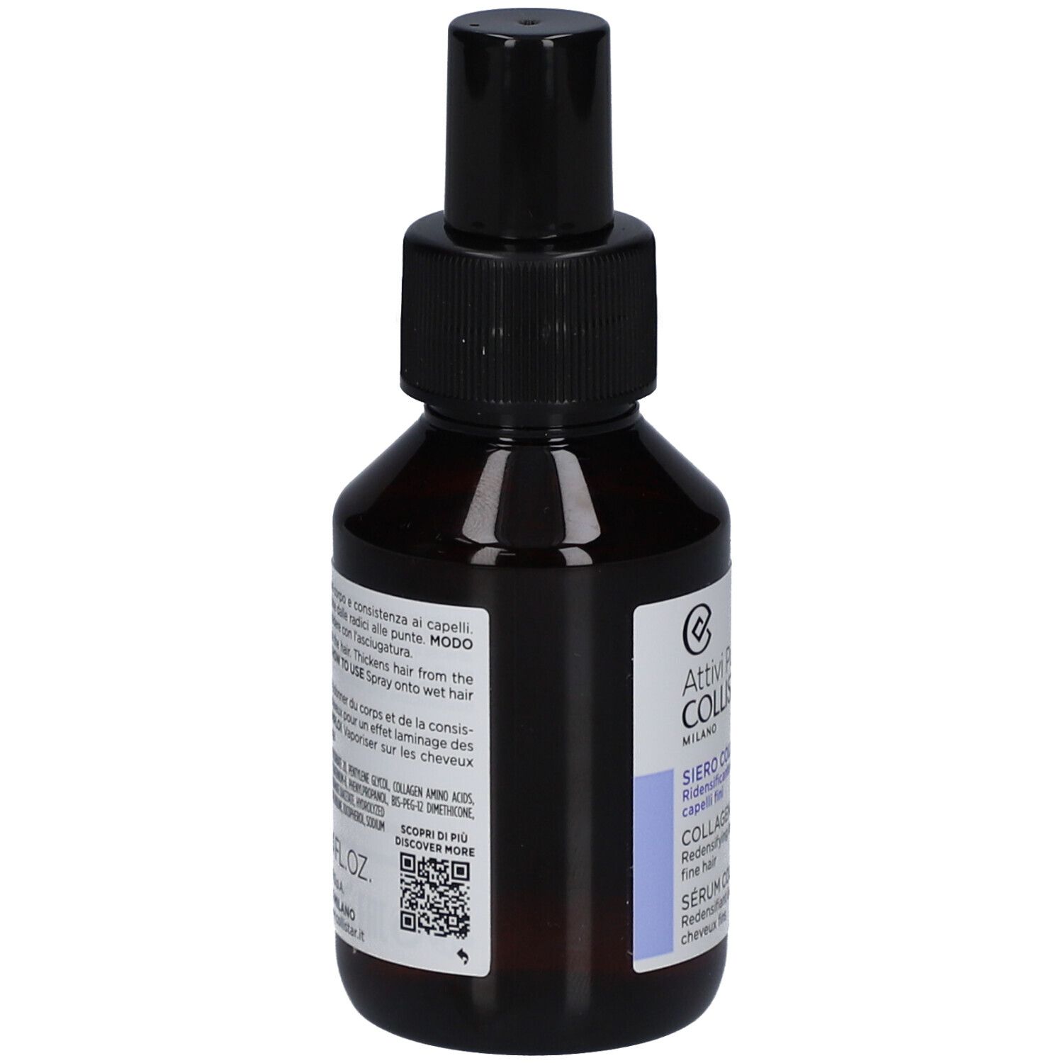 Flacone marrone con vaporizzatore nero. Retro con testo e codice QR. Marchio: Collistar.