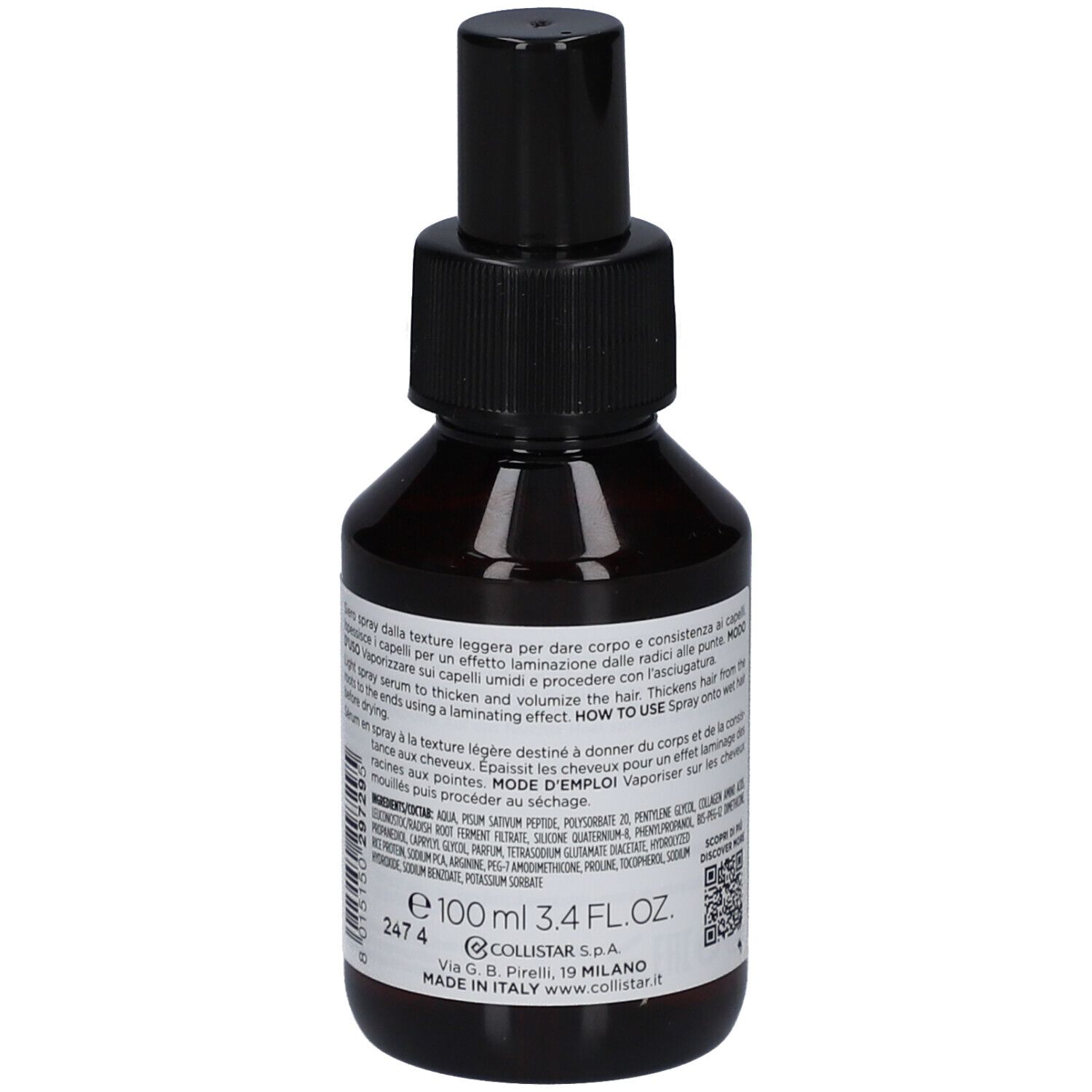 Flacone marrone con vaporizzatore nero. Retro con testo. Marchio: Collistar.