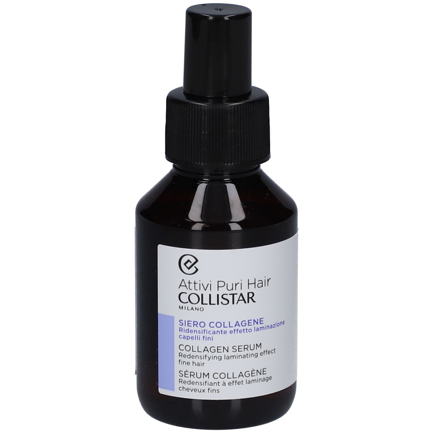 Flacone marrone con vaporizzatore nero. Etichetta con nome prodotto e marchio: Collistar Sérum Collagène.