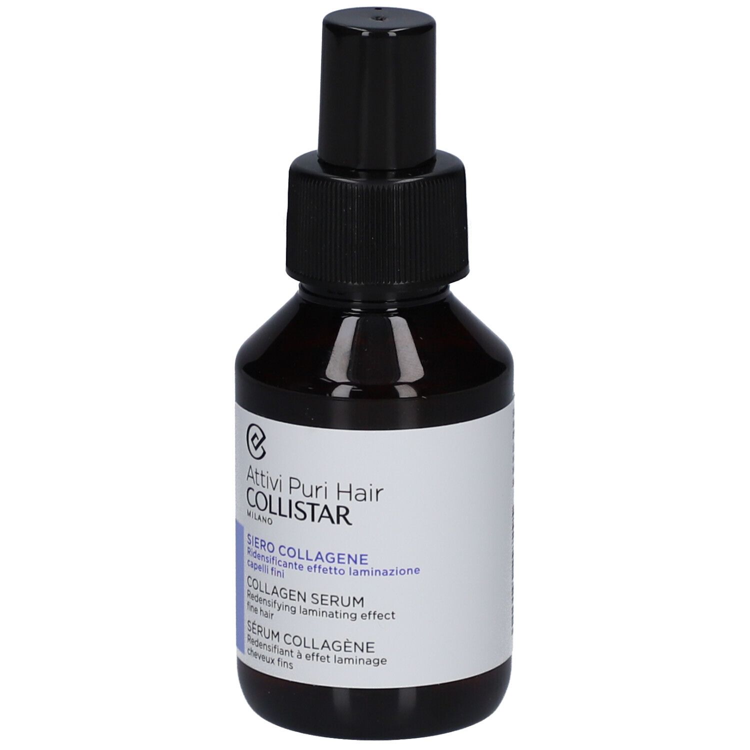 Flacone marrone con vaporizzatore nero. Etichetta con nome prodotto e marchio: Collistar Sérum Collagène.