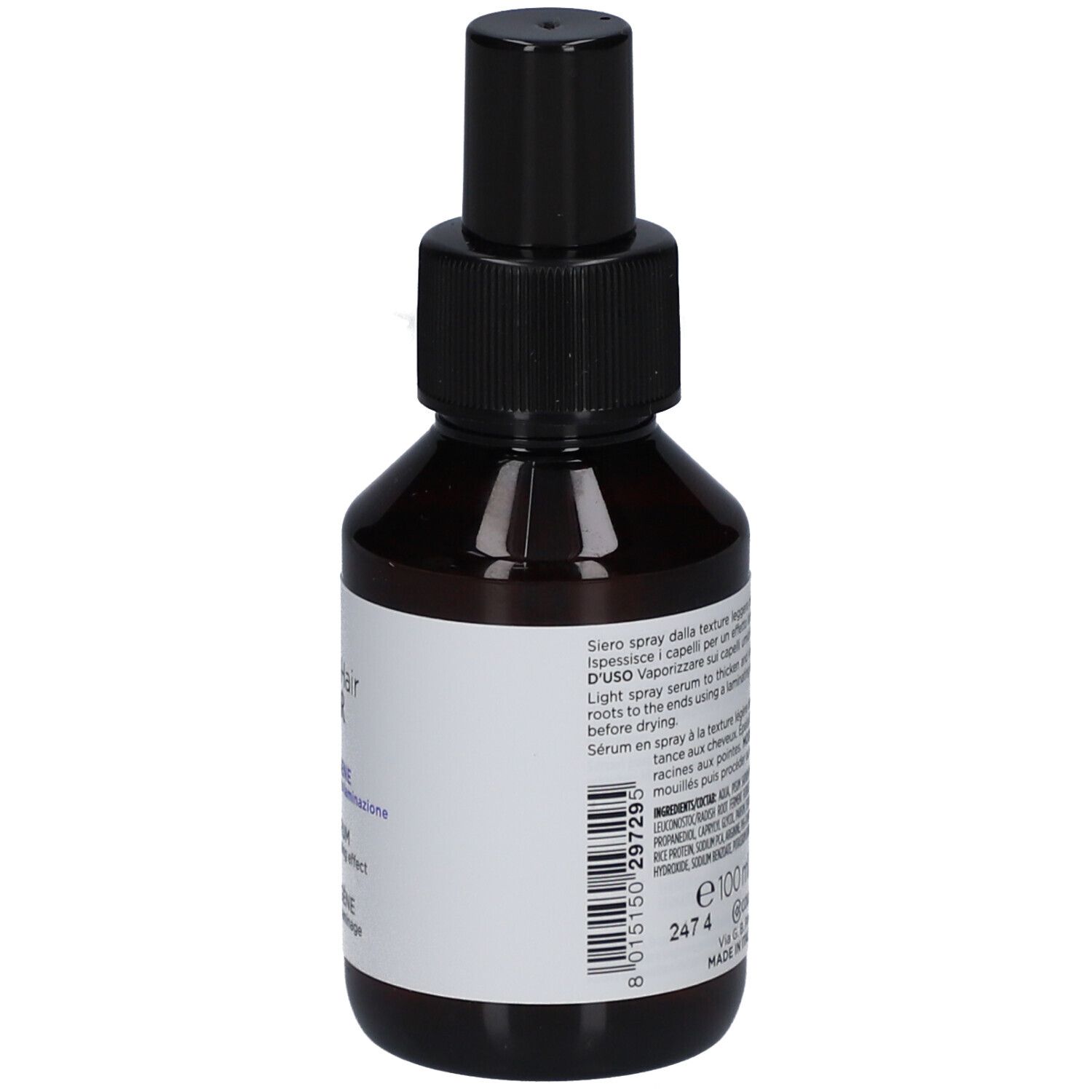 Flacone marrone con vaporizzatore nero. Retro con testo. Marchio: Collistar.